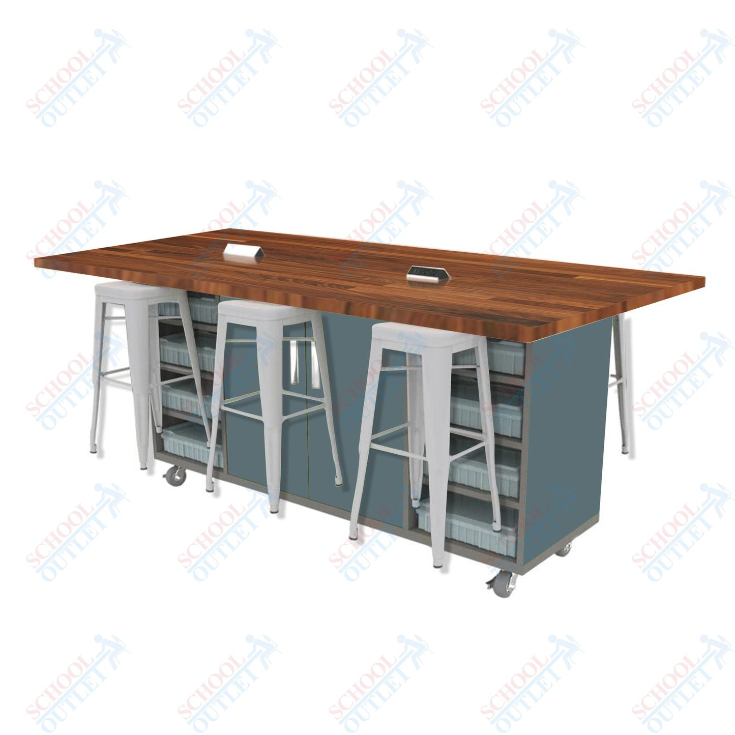 CEF ED Double Table 42"H Butcher Block Top, Laminate Base with  6 Stools, Storage bins, and Electrical Outlets Included.