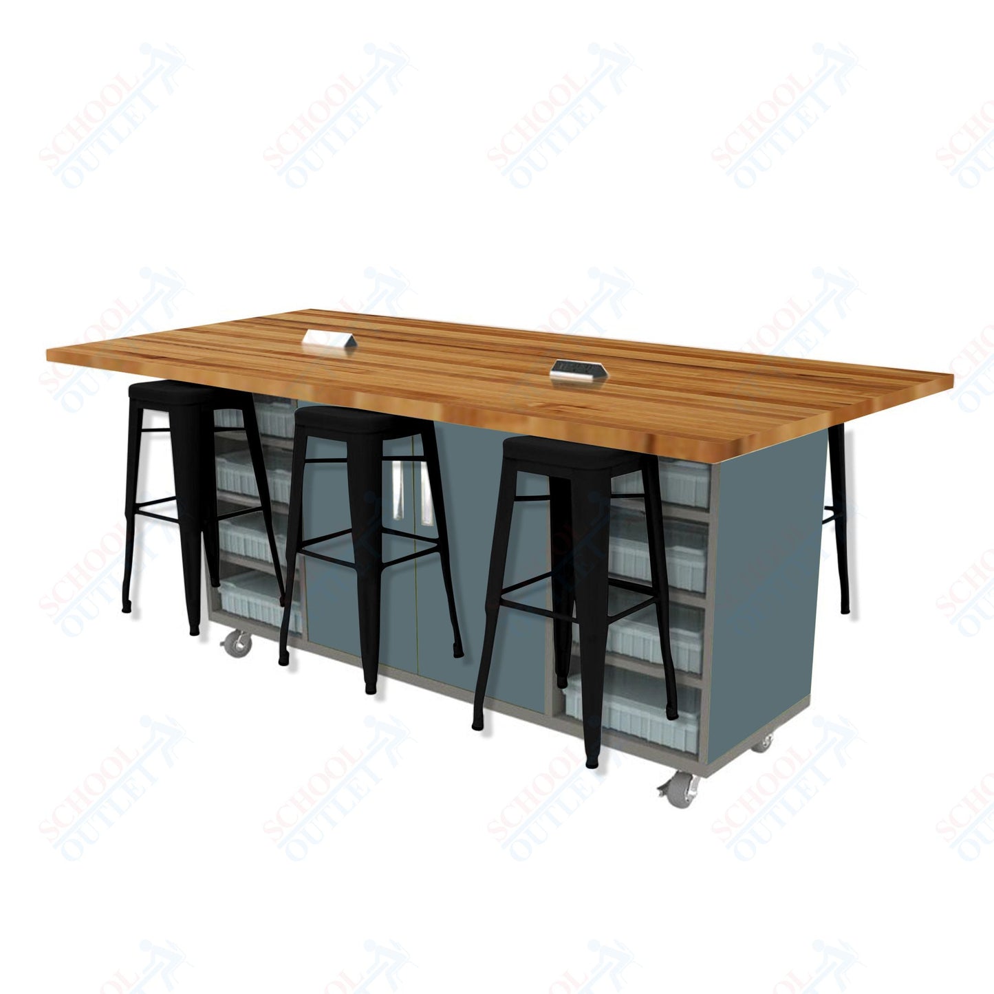 CEF ED Double Table 42"H Butcher Block Top, Laminate Base with  6 Stools, Storage bins, and Electrical Outlets Included.