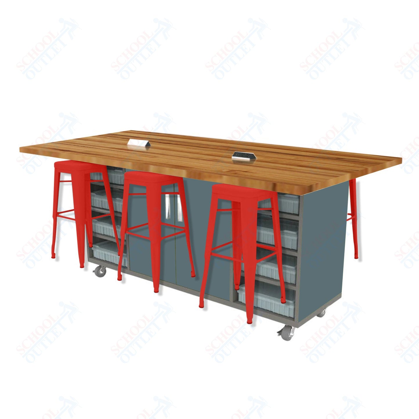 CEF ED Double Table 42"H Butcher Block Top, Laminate Base with  6 Stools, Storage bins, and Electrical Outlets Included.