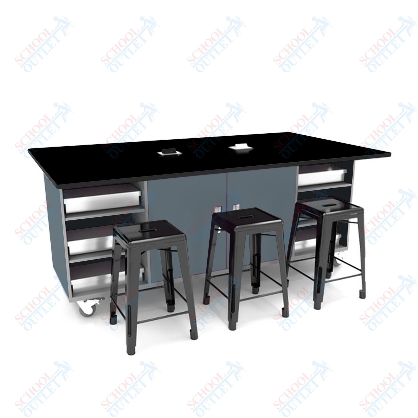 CEF ED Double Table 42"H Tough Top, Laminate Base with 6 Stools, Storage bins, and Electrical Outlets Included. - SchoolOutlet