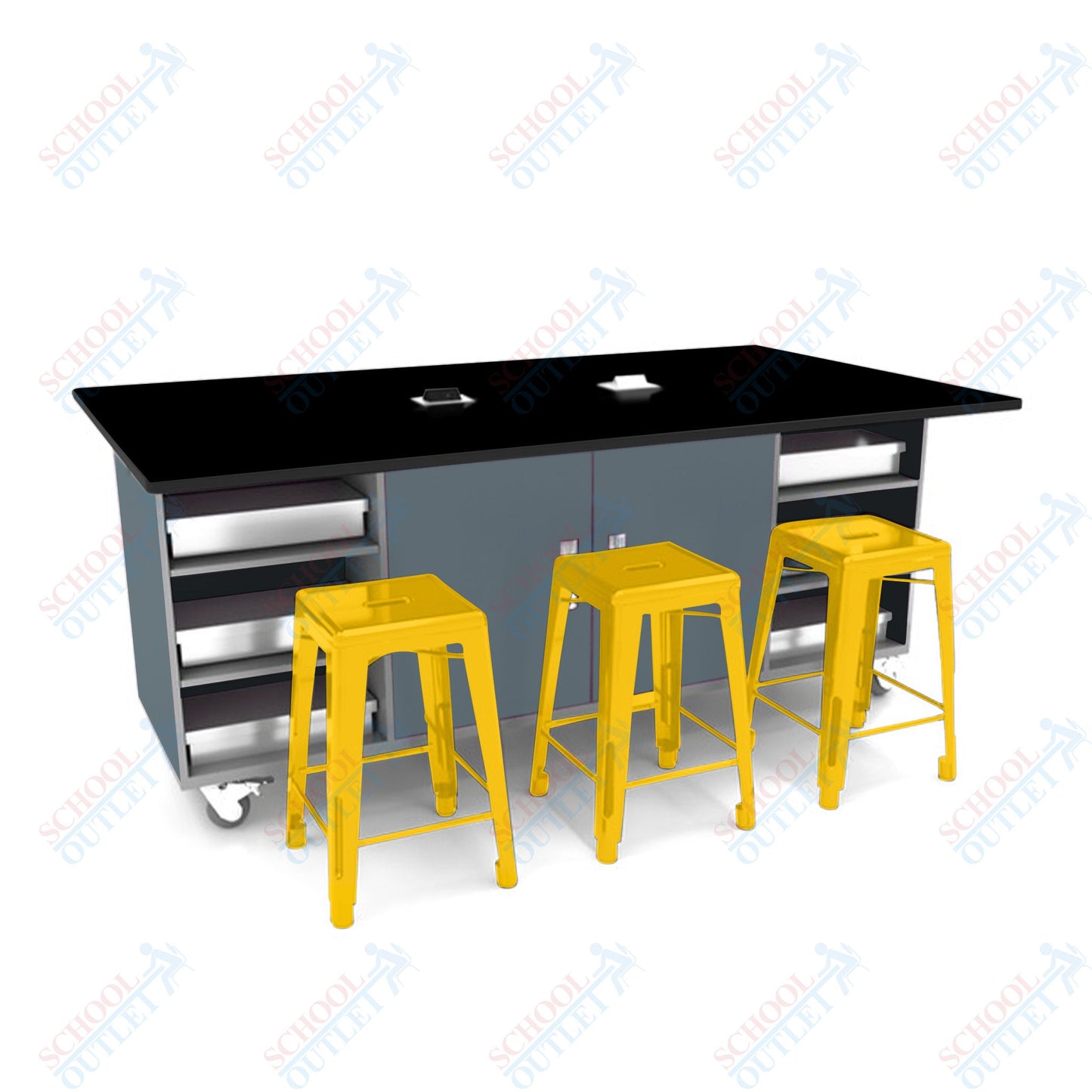 CEF ED Double Table 42"H Tough Top, Laminate Base with 6 Stools, Storage bins, and Electrical Outlets Included. - SchoolOutlet