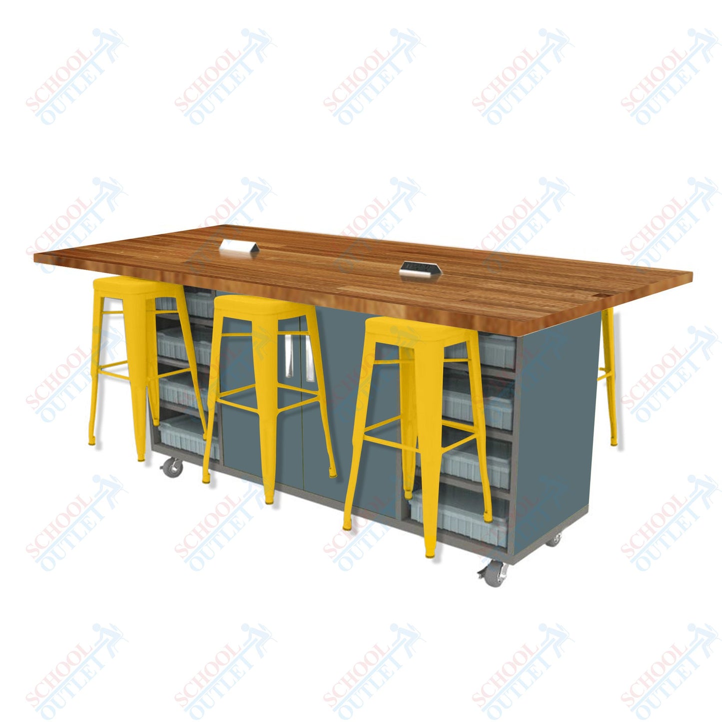 CEF ED Double Table 42"H Butcher Block Top, Laminate Base with  6 Stools, Storage bins, and Electrical Outlets Included.