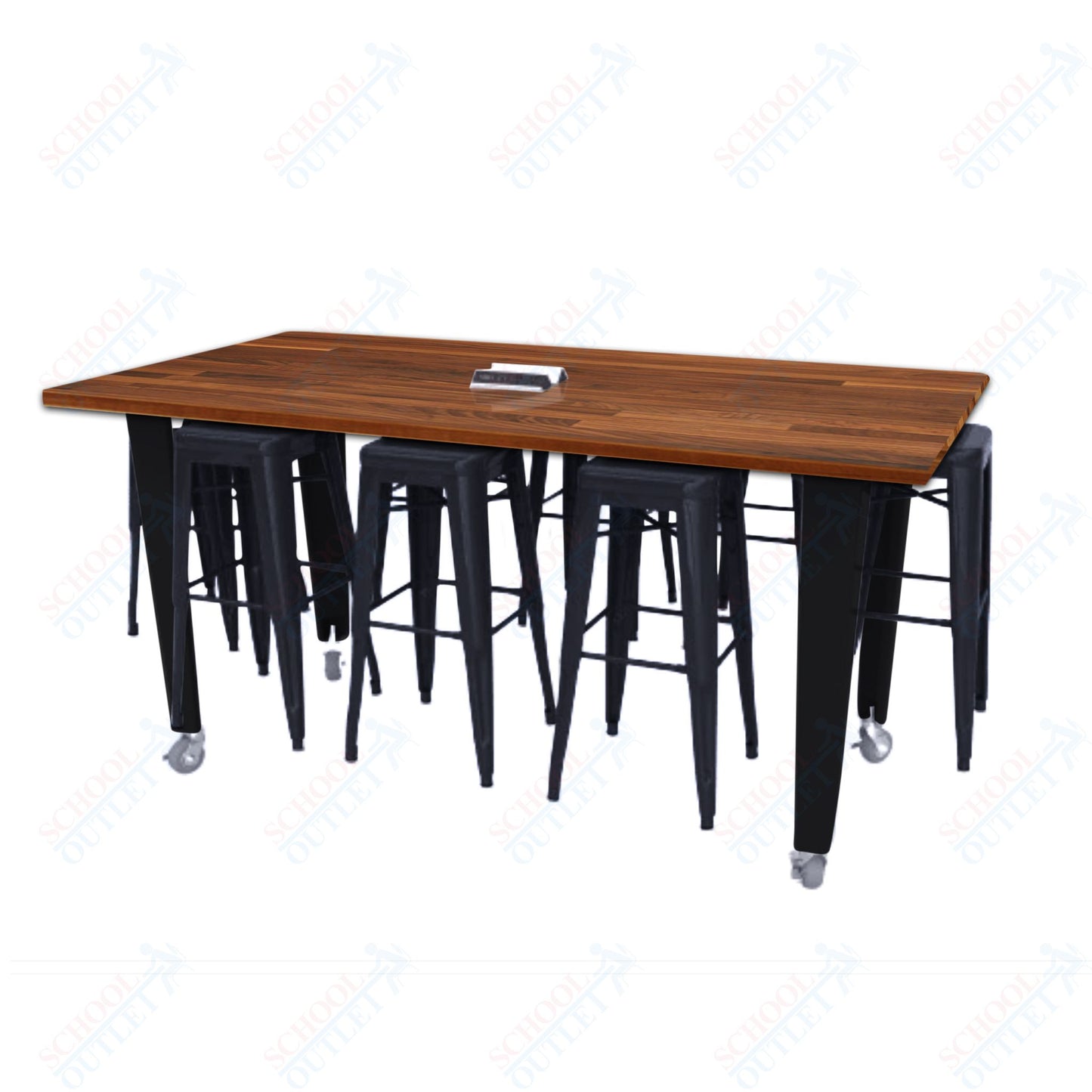 CEF IDEA Island Table 34" Height w/ 8-Seat - ADA Compliant - Butcher Block Top 84"W x 48"D with Steel Frame, 8 Stools and a Pop-up Dual Dock Electrical Station