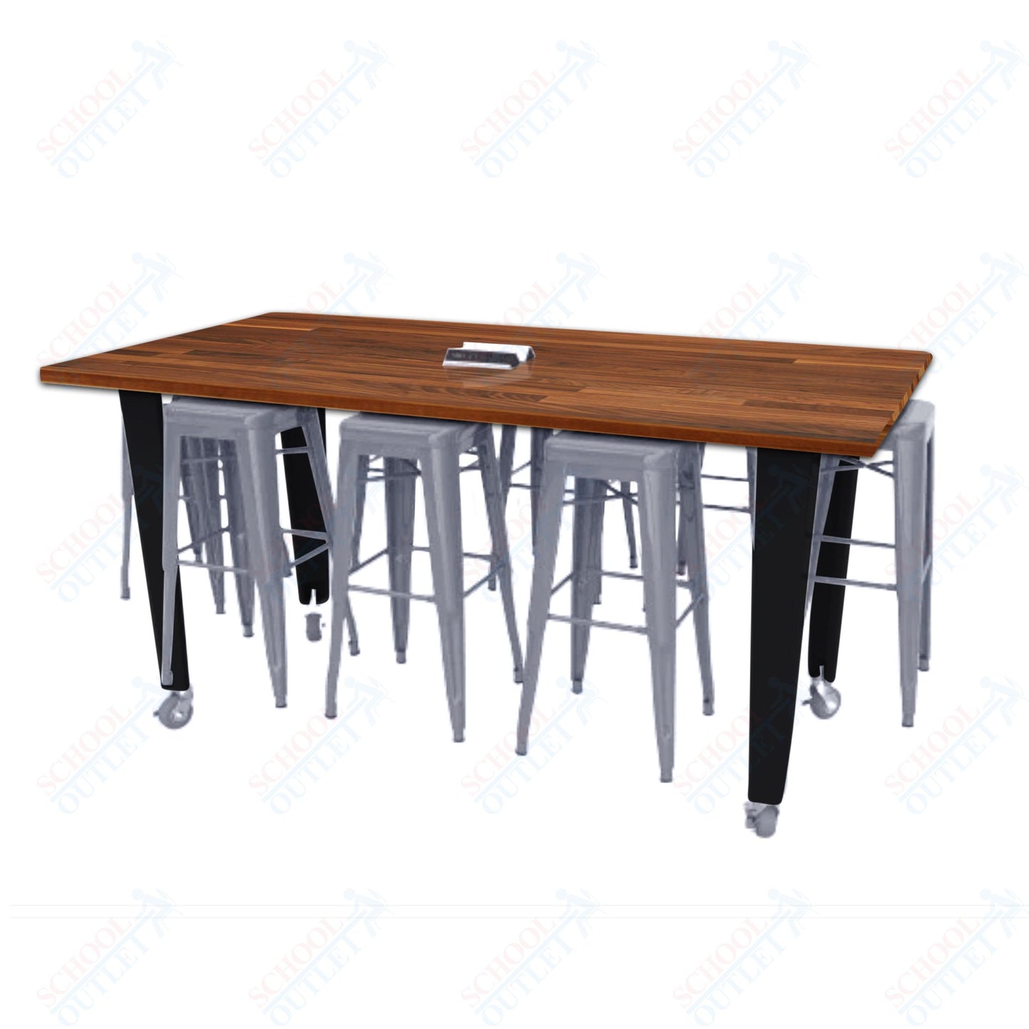 CEF IDEA Island Table 34" Height w/ 8-Seat - ADA Compliant - Butcher Block Top 84"W x 48"D with Steel Frame, 8 Stools and a Pop-up Dual Dock Electrical Station