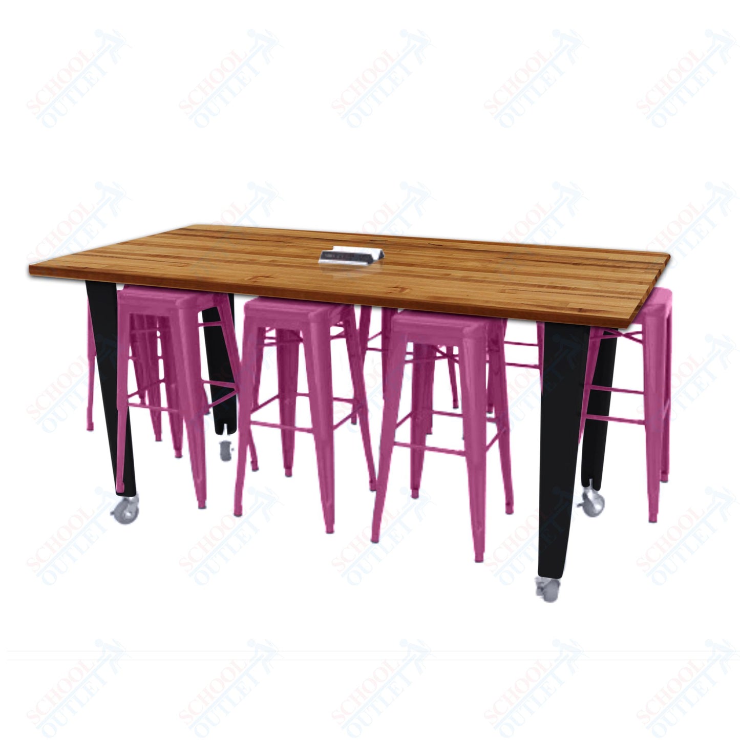 CEF IDEA Island Table 34" Height w/ 8-Seat - ADA Compliant - Butcher Block Top 84"W x 48"D with Steel Frame, 8 Stools and a Pop-up Dual Dock Electrical Station