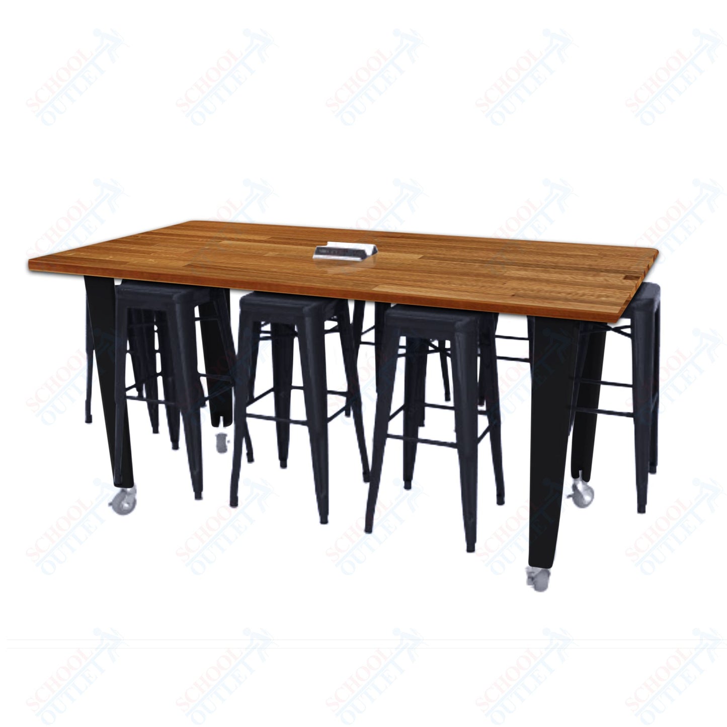 CEF IDEA Island Table 34" Height w/ 8-Seat - ADA Compliant - Butcher Block Top 84"W x 48"D with Steel Frame, 8 Stools and a Pop-up Dual Dock Electrical Station