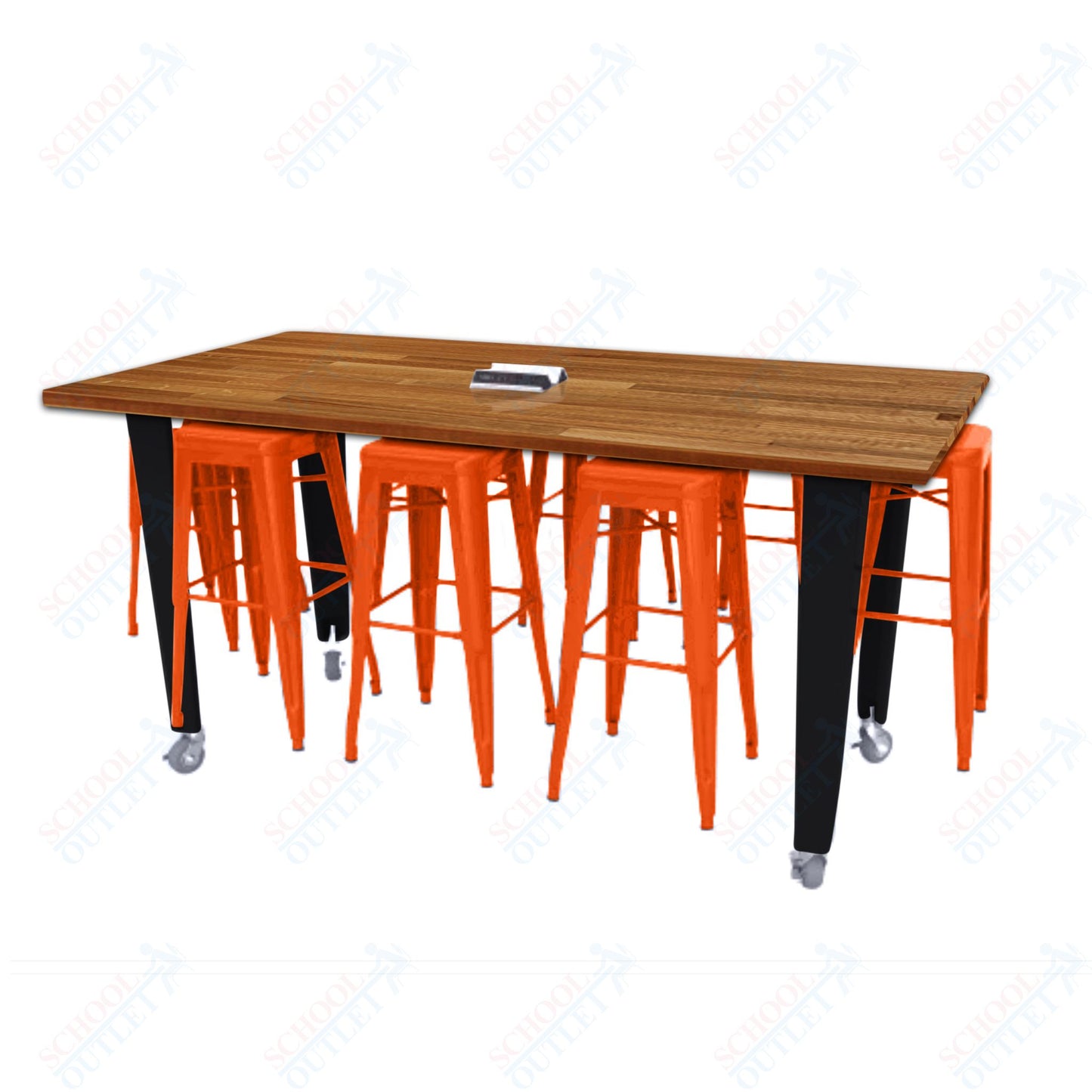 CEF IDEA Island Table 34" Height w/ 8-Seat - ADA Compliant - Butcher Block Top 84"W x 48"D with Steel Frame, 8 Stools and a Pop-up Dual Dock Electrical Station