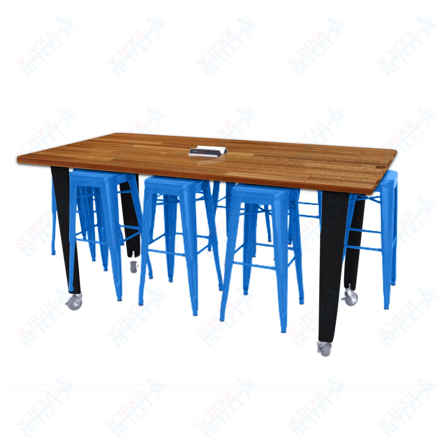 CEF IDEA Island Table 34" Height w/ 8-Seat - ADA Compliant - Butcher Block Top 84"W x 48"D with Steel Frame, 8 Stools and a Pop-up Dual Dock Electrical Station