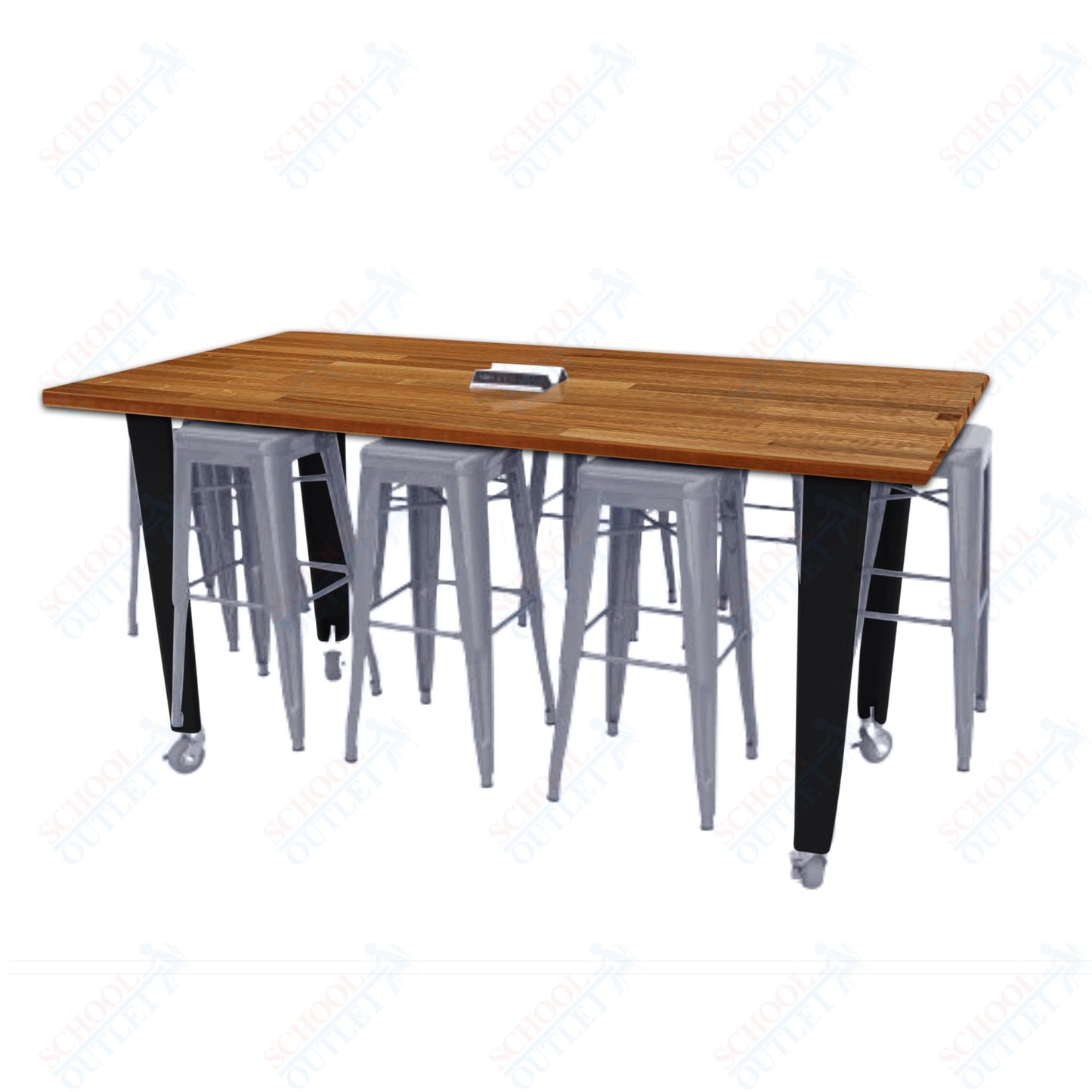 CEF IDEA Island Table 34" Height w/ 8-Seat - ADA Compliant - Butcher Block Top 84"W x 48"D with Steel Frame, 8 Stools and a Pop-up Dual Dock Electrical Station