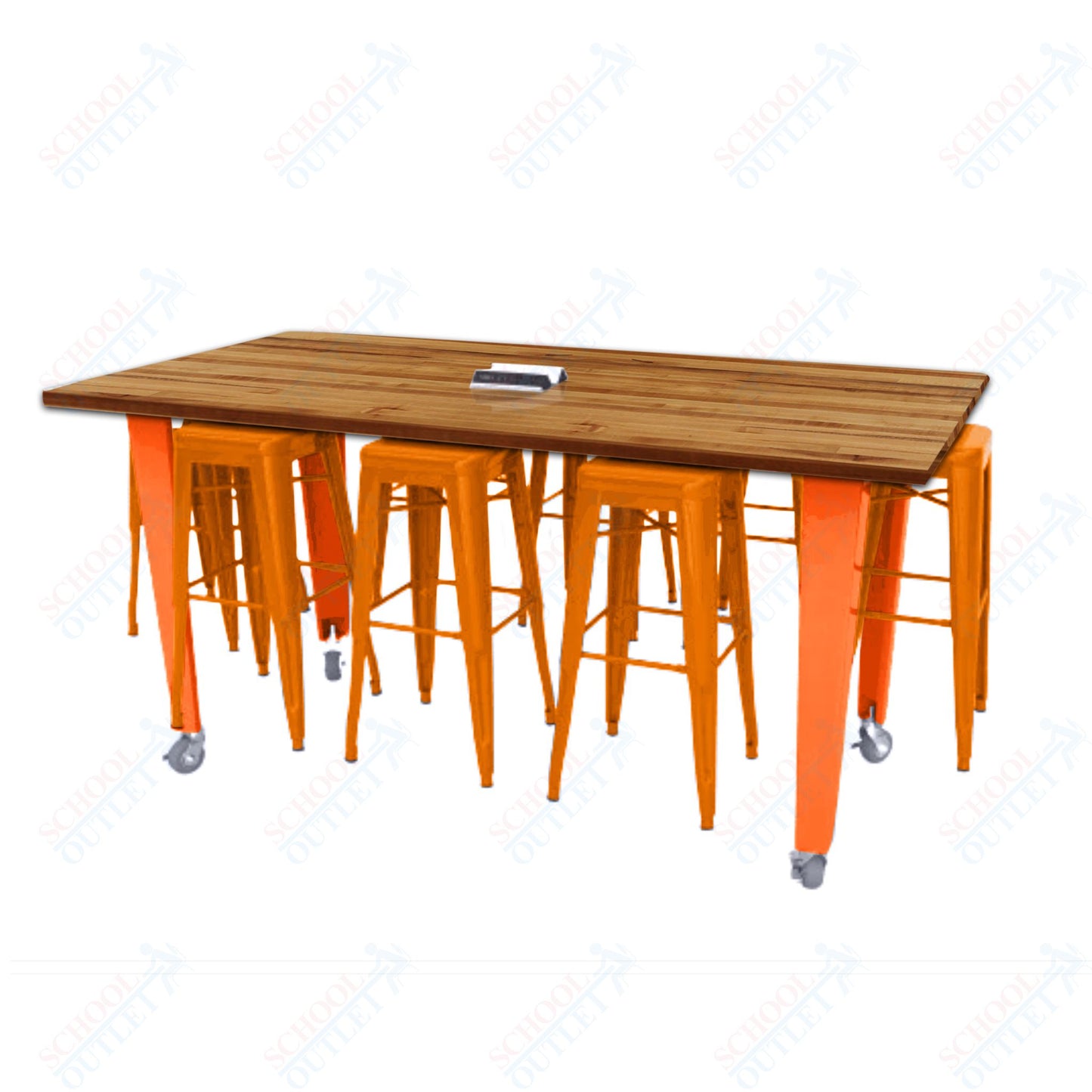 CEF IDEA Island Table 34" Height w/ 8-Seat - ADA Compliant - Butcher Block Top 84"W x 48"D with Steel Frame, 8 Stools and a Pop-up Dual Dock Electrical Station