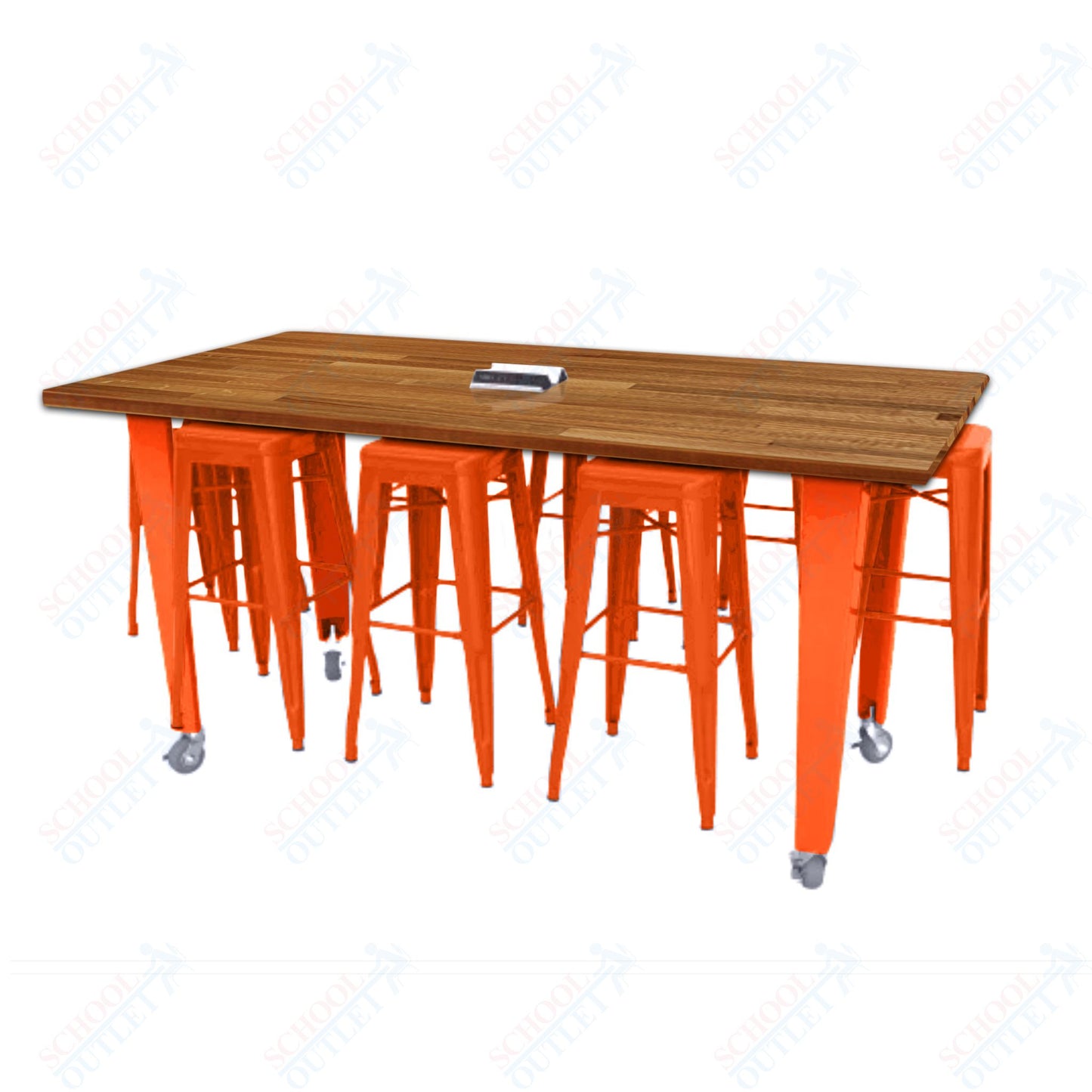 CEF IDEA Island Table 34" Height w/ 8-Seat - ADA Compliant - Butcher Block Top 84"W x 48"D with Steel Frame, 8 Stools and a Pop-up Dual Dock Electrical Station