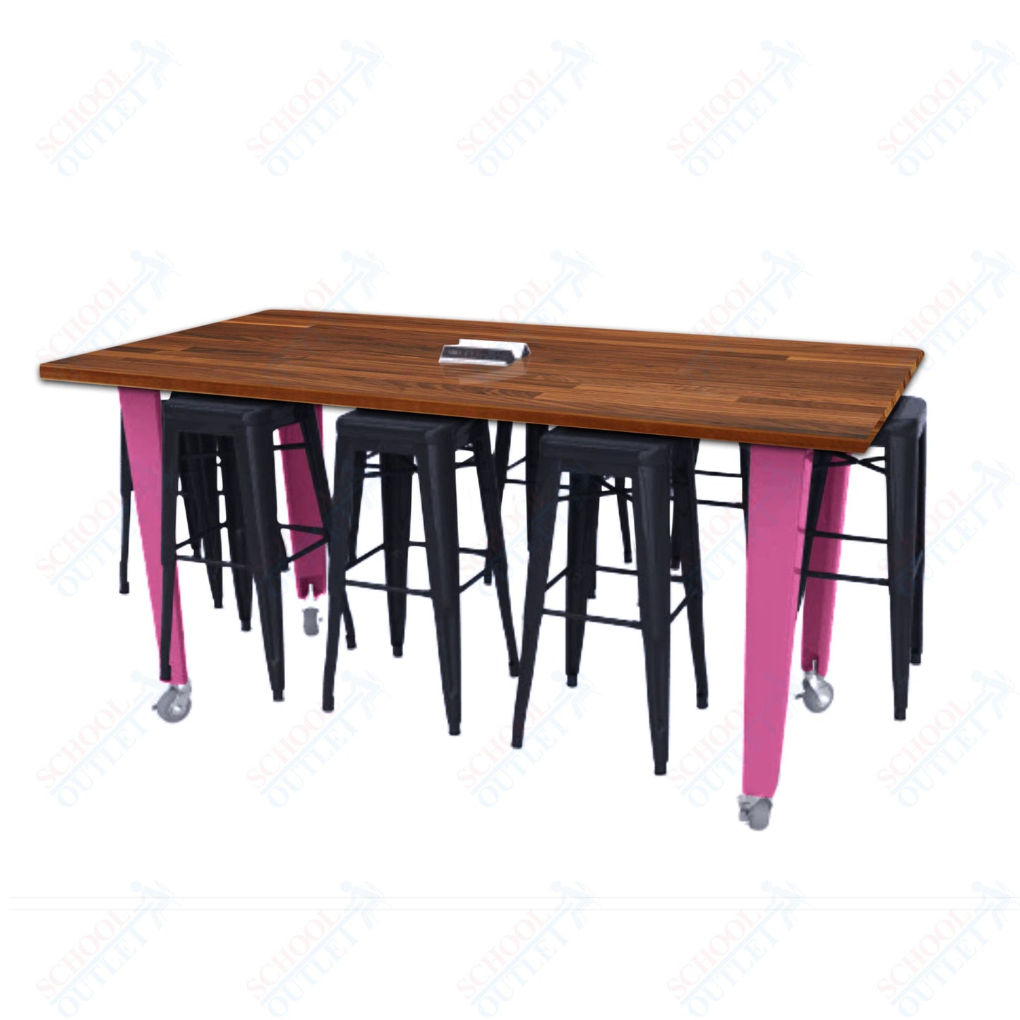 CEF IDEA Island Table 34" Height w/ 8-Seat - ADA Compliant - Butcher Block Top 84"W x 48"D with Steel Frame, 8 Stools and a Pop-up Dual Dock Electrical Station