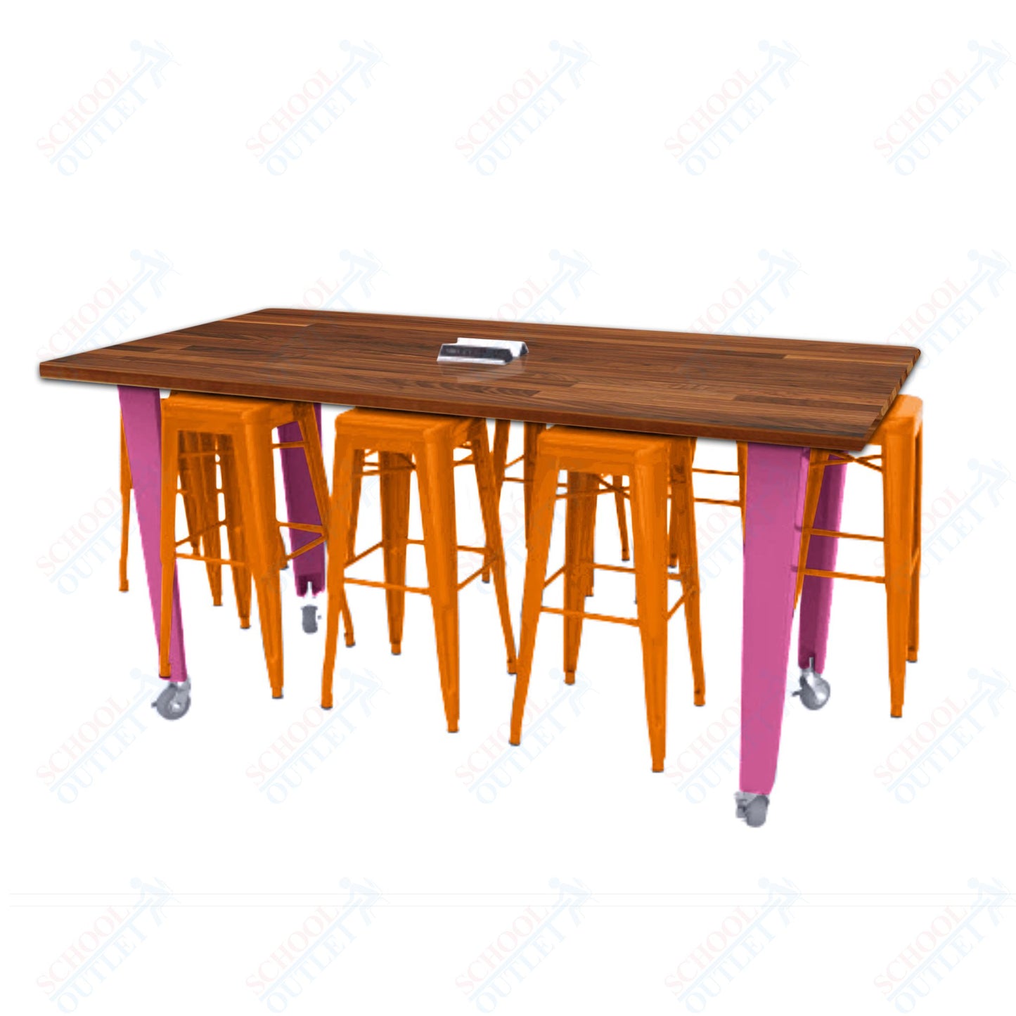 CEF IDEA Island Table 34" Height w/ 8-Seat - ADA Compliant - Butcher Block Top 84"W x 48"D with Steel Frame, 8 Stools and a Pop-up Dual Dock Electrical Station