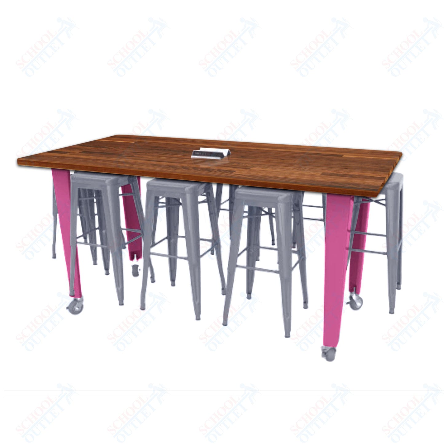 CEF IDEA Island Table 34" Height w/ 8-Seat - ADA Compliant - Butcher Block Top 84"W x 48"D with Steel Frame, 8 Stools and a Pop-up Dual Dock Electrical Station