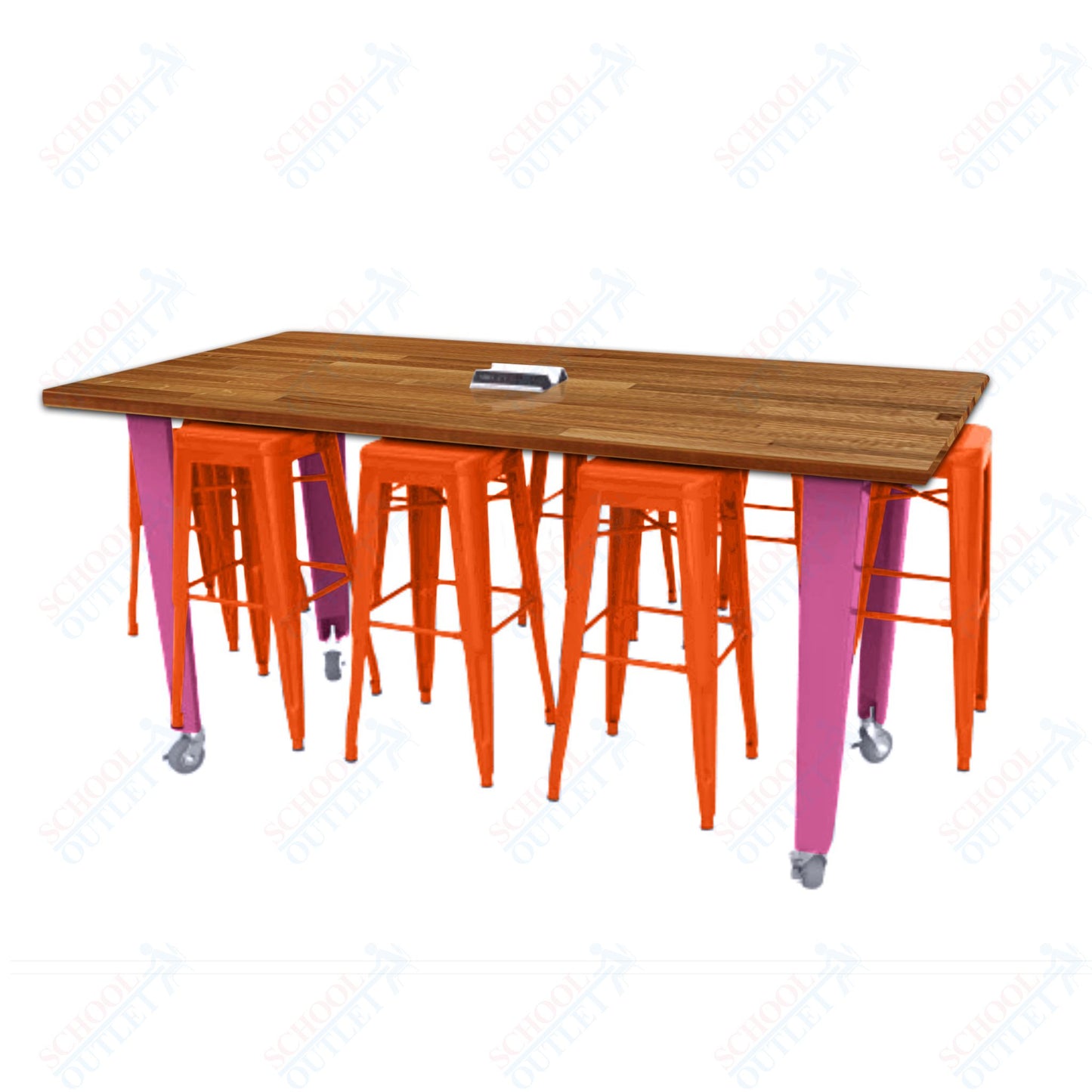 CEF IDEA Island Table 34" Height w/ 8-Seat - ADA Compliant - Butcher Block Top 84"W x 48"D with Steel Frame, 8 Stools and a Pop-up Dual Dock Electrical Station