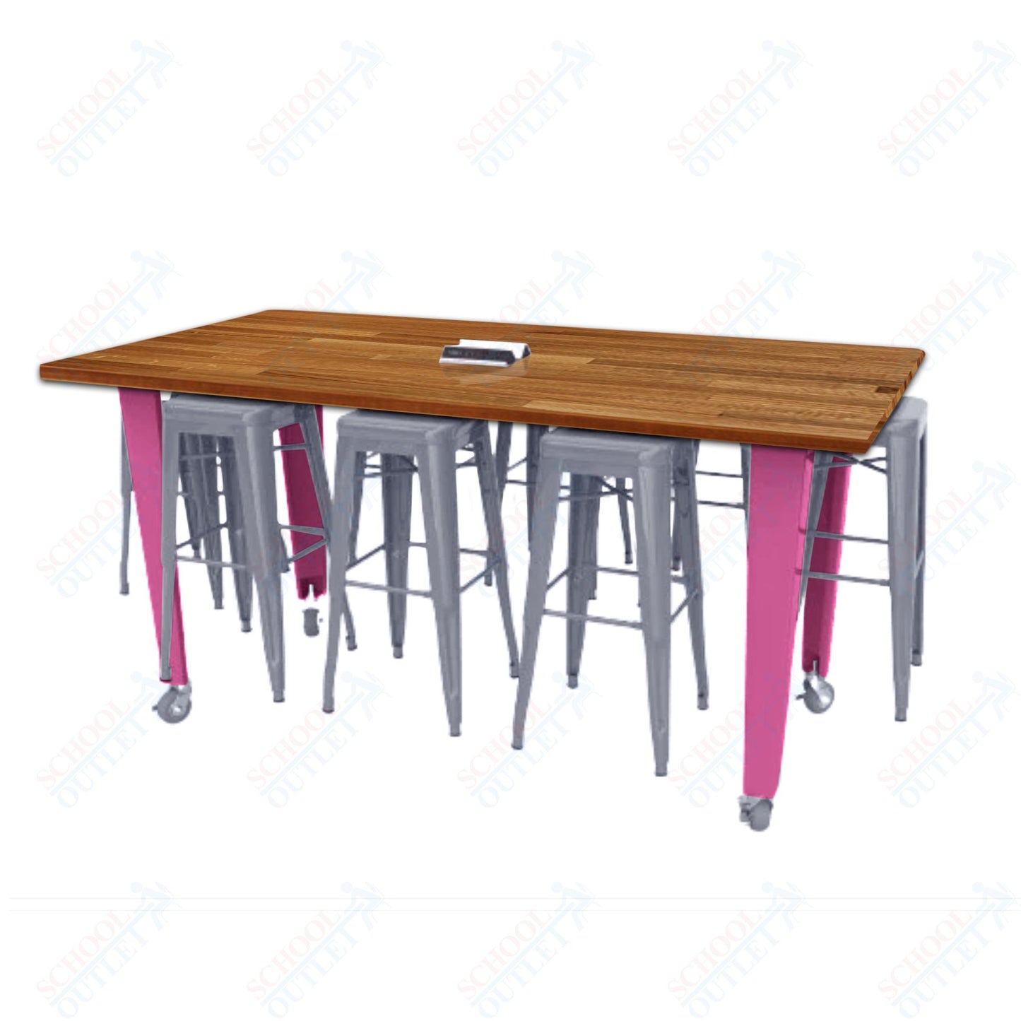 CEF IDEA Island Table 34" Height w/ 8-Seat - ADA Compliant - Butcher Block Top 84"W x 48"D with Steel Frame, 8 Stools and a Pop-up Dual Dock Electrical Station