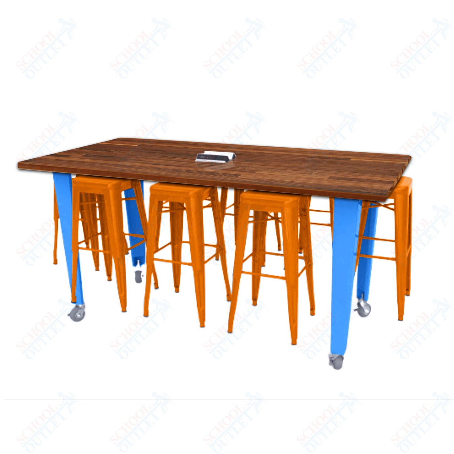 CEF IDEA Island Table 34" Height w/ 8-Seat - ADA Compliant - Butcher Block Top 84"W x 48"D with Steel Frame, 8 Stools and a Pop-up Dual Dock Electrical Station