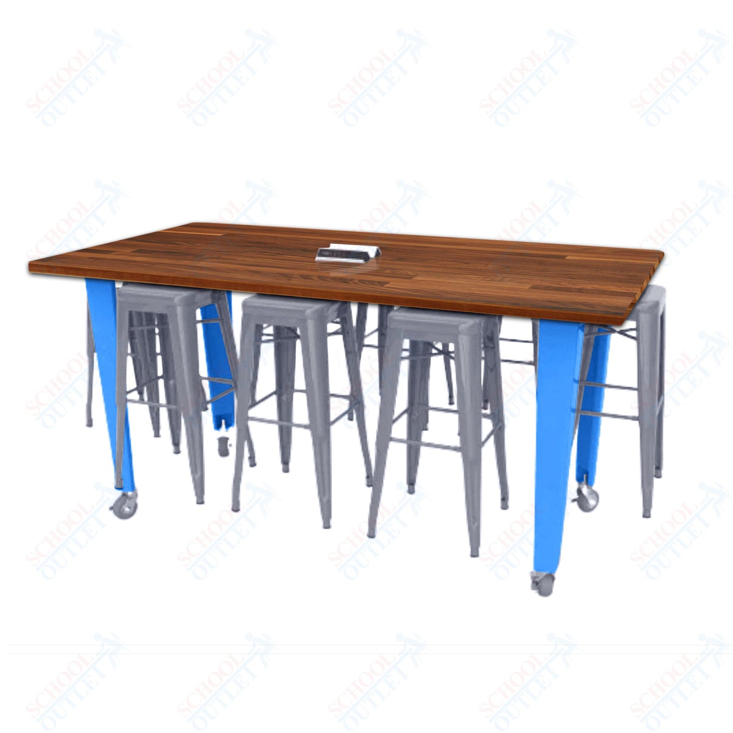 CEF IDEA Island Table 34" Height w/ 8-Seat - ADA Compliant - Butcher Block Top 84"W x 48"D with Steel Frame, 8 Stools and a Pop-up Dual Dock Electrical Station