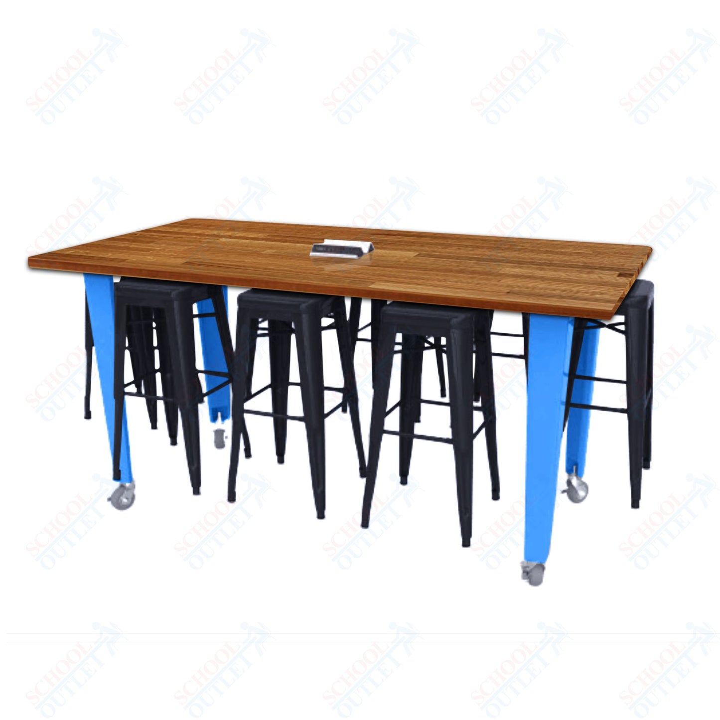 CEF IDEA Island Table 34" Height w/ 8-Seat - ADA Compliant - Butcher Block Top 84"W x 48"D with Steel Frame, 8 Stools and a Pop-up Dual Dock Electrical Station