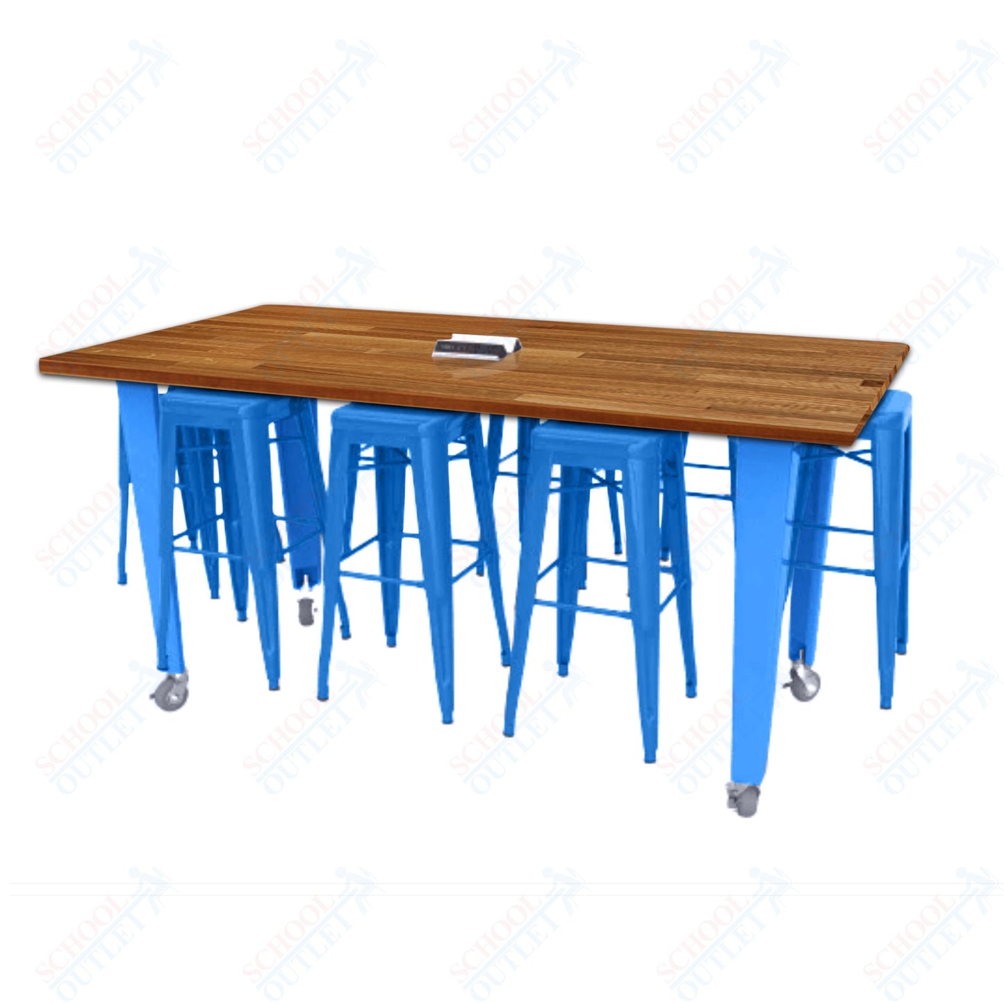 CEF IDEA Island Table 34" Height w/ 8-Seat - ADA Compliant - Butcher Block Top 84"W x 48"D with Steel Frame, 8 Stools and a Pop-up Dual Dock Electrical Station