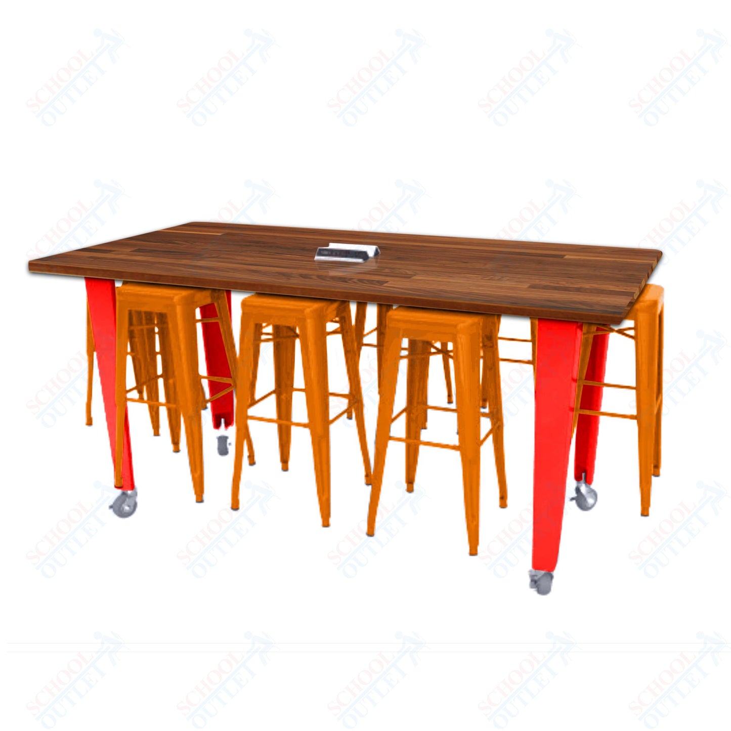 CEF IDEA Island Table 34" Height w/ 8-Seat - ADA Compliant - Butcher Block Top 84"W x 48"D with Steel Frame, 8 Stools and a Pop-up Dual Dock Electrical Station