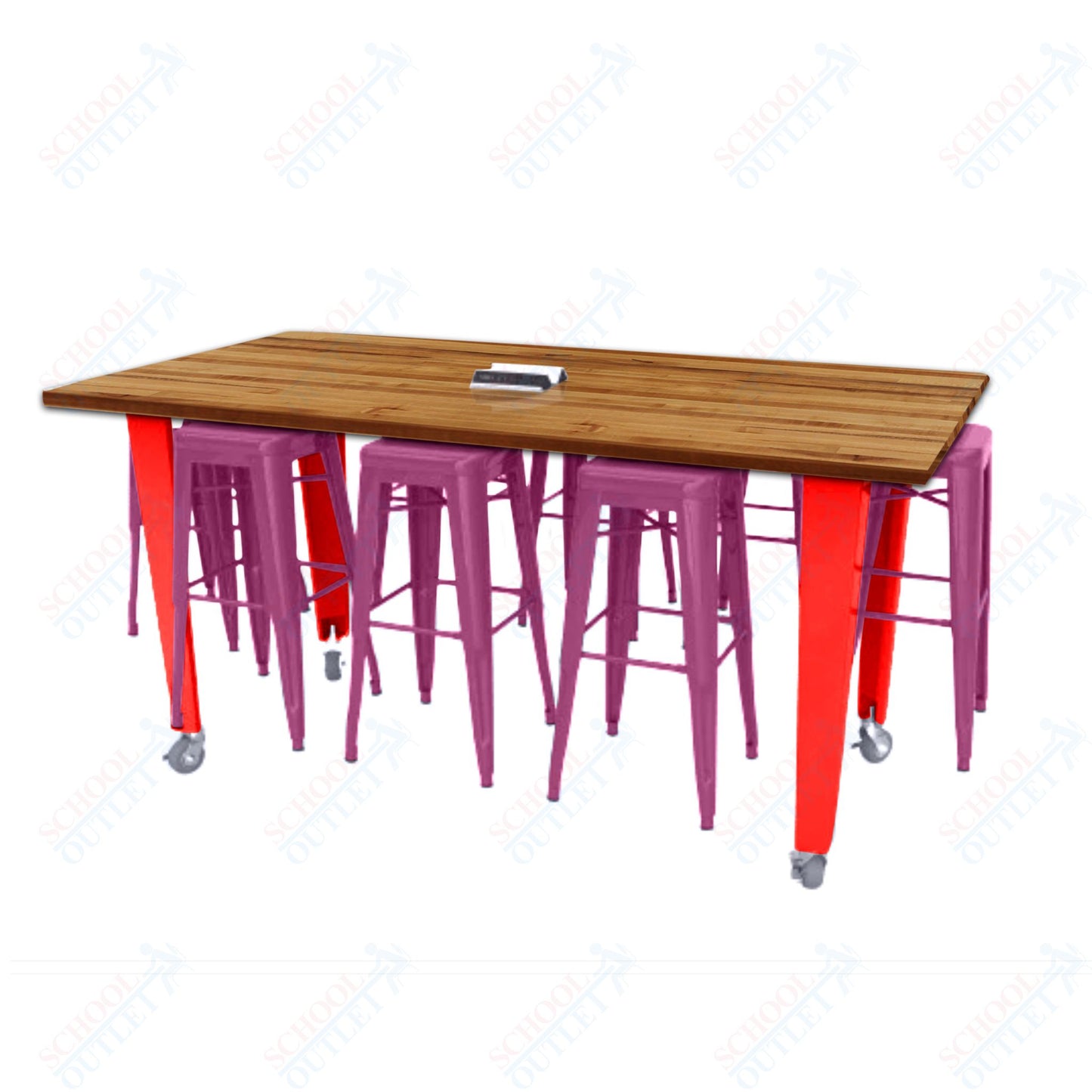 CEF IDEA Island Table 34" Height w/ 8-Seat - ADA Compliant - Butcher Block Top 84"W x 48"D with Steel Frame, 8 Stools and a Pop-up Dual Dock Electrical Station