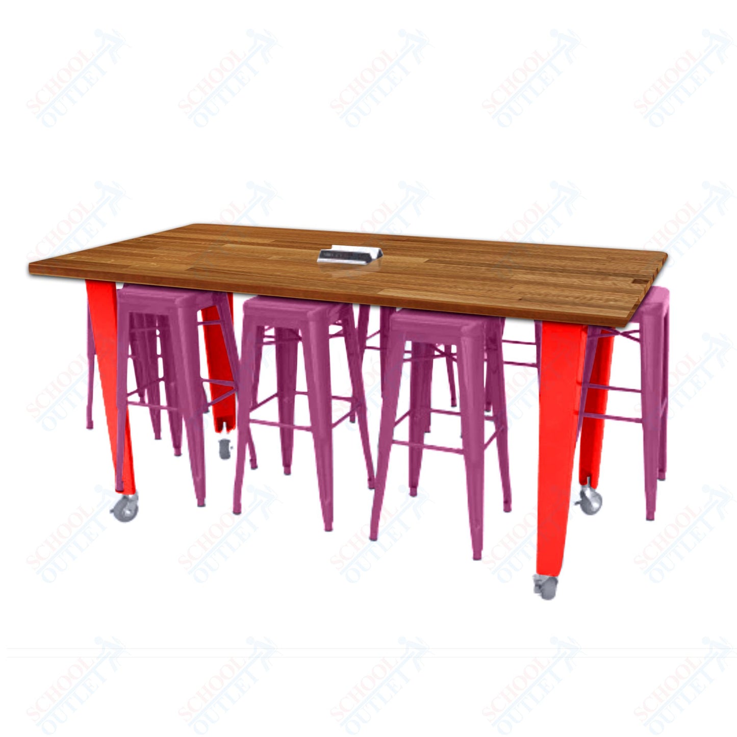 CEF IDEA Island Table 34" Height w/ 8-Seat - ADA Compliant - Butcher Block Top 84"W x 48"D with Steel Frame, 8 Stools and a Pop-up Dual Dock Electrical Station