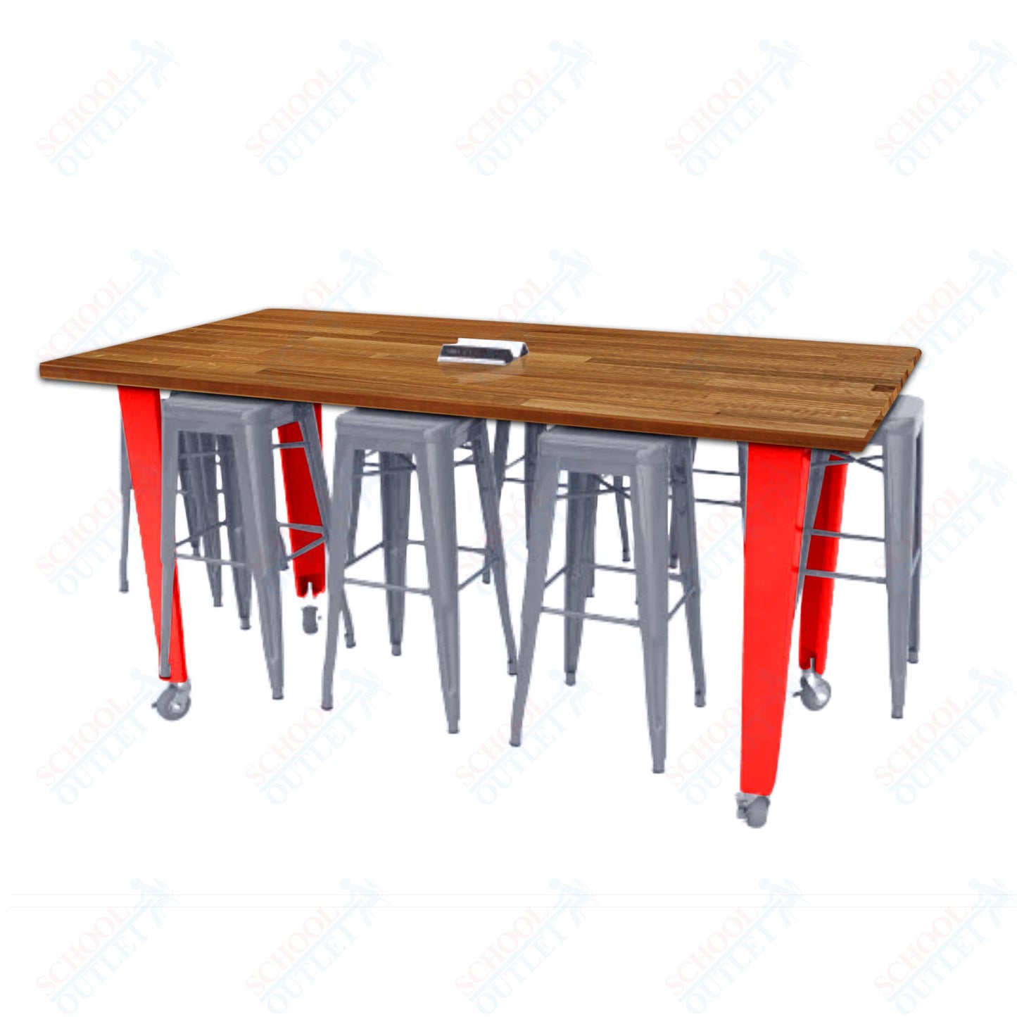 CEF IDEA Island Table 34" Height w/ 8-Seat - ADA Compliant - Butcher Block Top 84"W x 48"D with Steel Frame, 8 Stools and a Pop-up Dual Dock Electrical Station