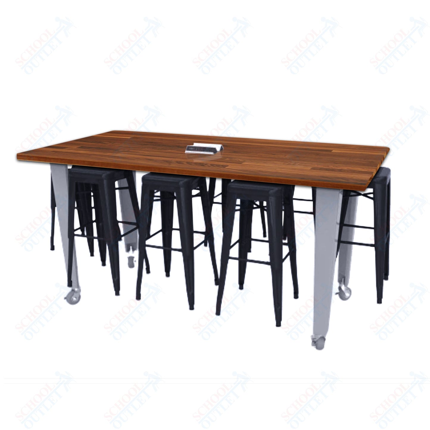 CEF IDEA Island Table 34" Height w/ 8-Seat - ADA Compliant - Butcher Block Top 84"W x 48"D with Steel Frame, 8 Stools and a Pop-up Dual Dock Electrical Station