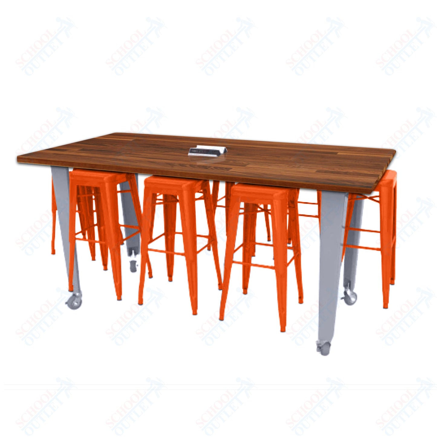 CEF IDEA Island Table 34" Height w/ 8-Seat - ADA Compliant - Butcher Block Top 84"W x 48"D with Steel Frame, 8 Stools and a Pop-up Dual Dock Electrical Station