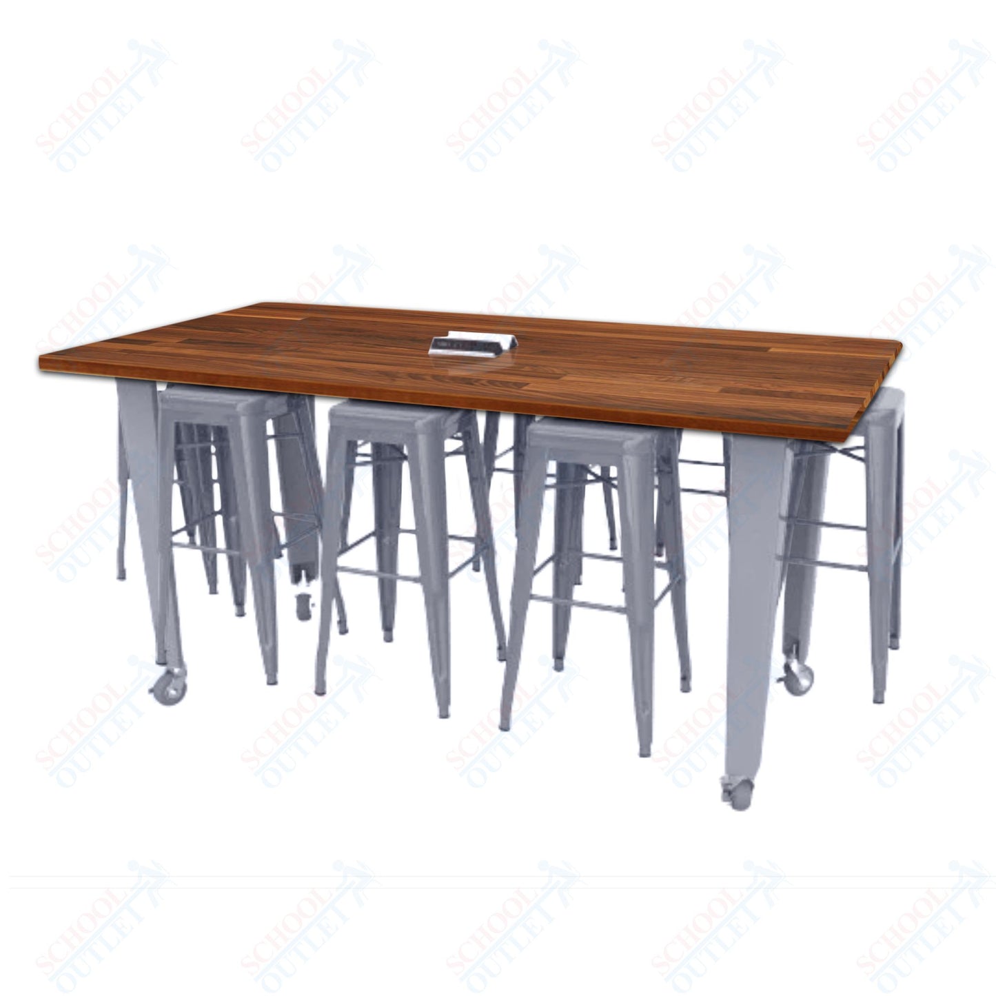 CEF IDEA Island Table 34" Height w/ 8-Seat - ADA Compliant - Butcher Block Top 84"W x 48"D with Steel Frame, 8 Stools and a Pop-up Dual Dock Electrical Station