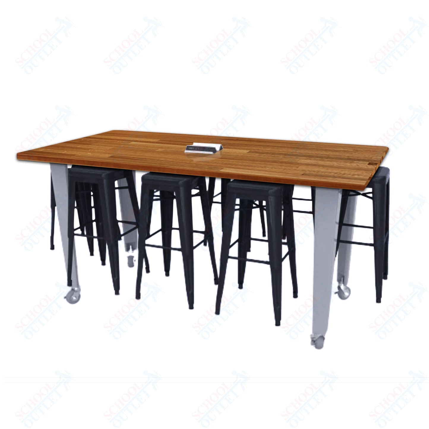 CEF IDEA Island Table 34" Height w/ 8-Seat - ADA Compliant - Butcher Block Top 84"W x 48"D with Steel Frame, 8 Stools and a Pop-up Dual Dock Electrical Station