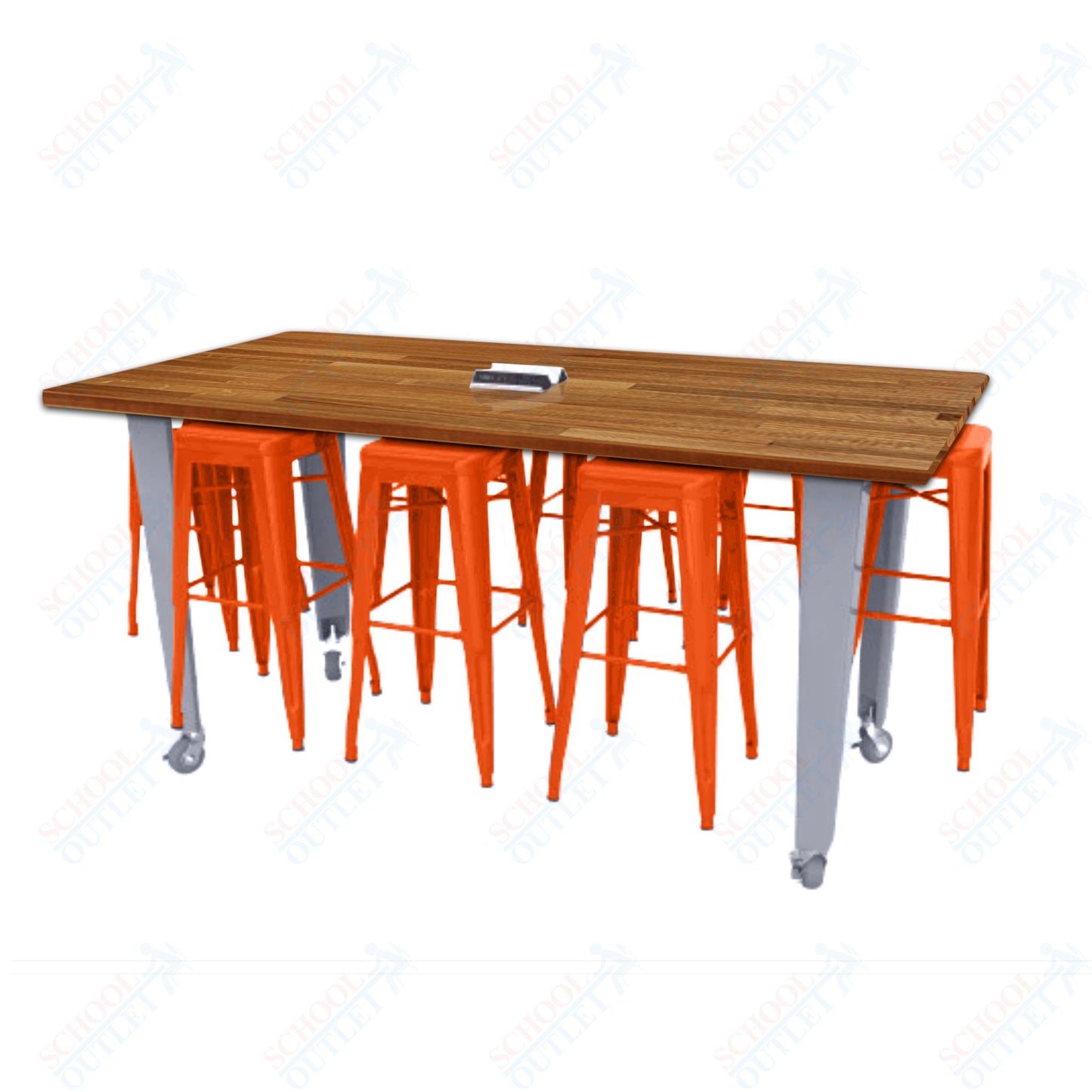 CEF IDEA Island Table 34" Height w/ 8-Seat - ADA Compliant - Butcher Block Top 84"W x 48"D with Steel Frame, 8 Stools and a Pop-up Dual Dock Electrical Station