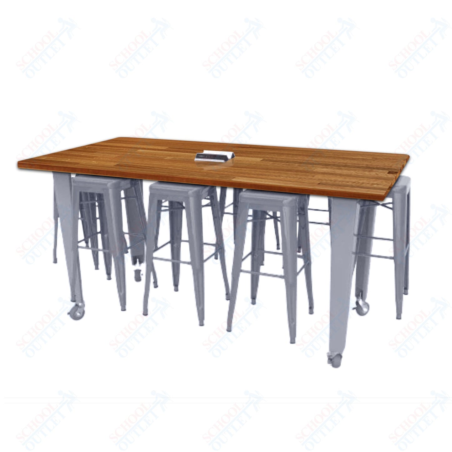 CEF IDEA Island Table 34" Height w/ 8-Seat - ADA Compliant - Butcher Block Top 84"W x 48"D with Steel Frame, 8 Stools and a Pop-up Dual Dock Electrical Station