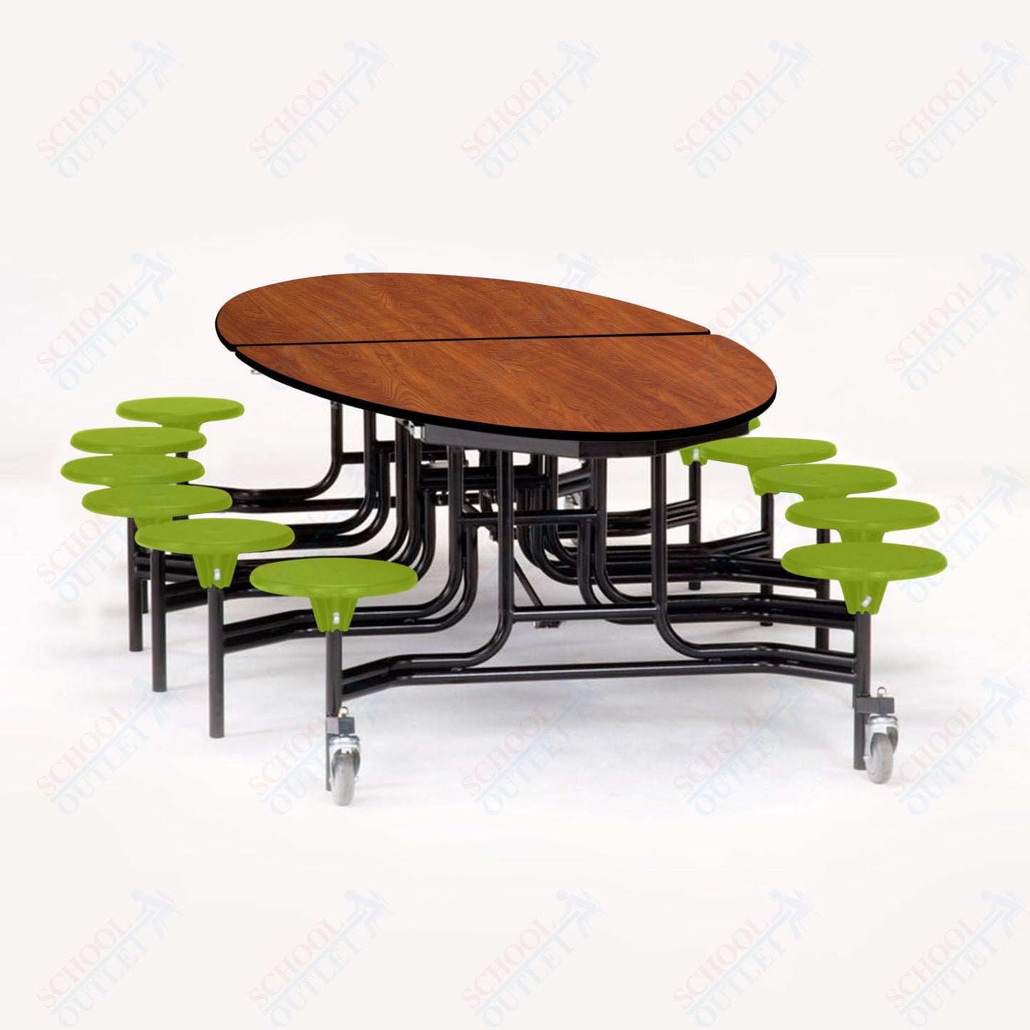 NPS 10' Elliptical Mobile Cafeteria Table - 12 Stools - MDF Core - Protect Edge - Chrome Frame