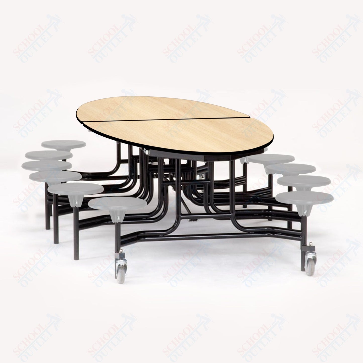 NPS 10' Elliptical Mobile Cafeteria Table - 12 Stools - MDF Core - Protect Edge - Chrome Frame