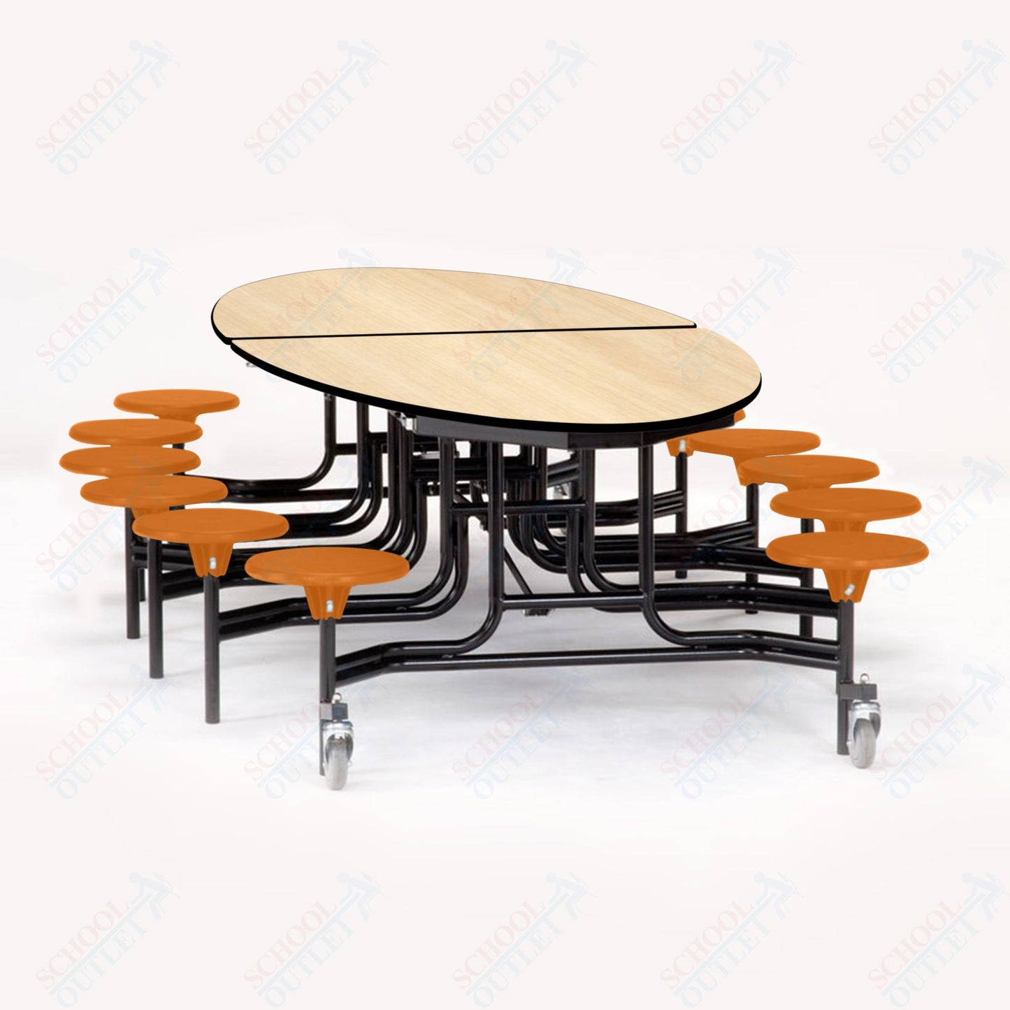 NPS 10' Elliptical Mobile Cafeteria Table - 12 Stools - MDF Core - Protect Edge - Chrome Frame