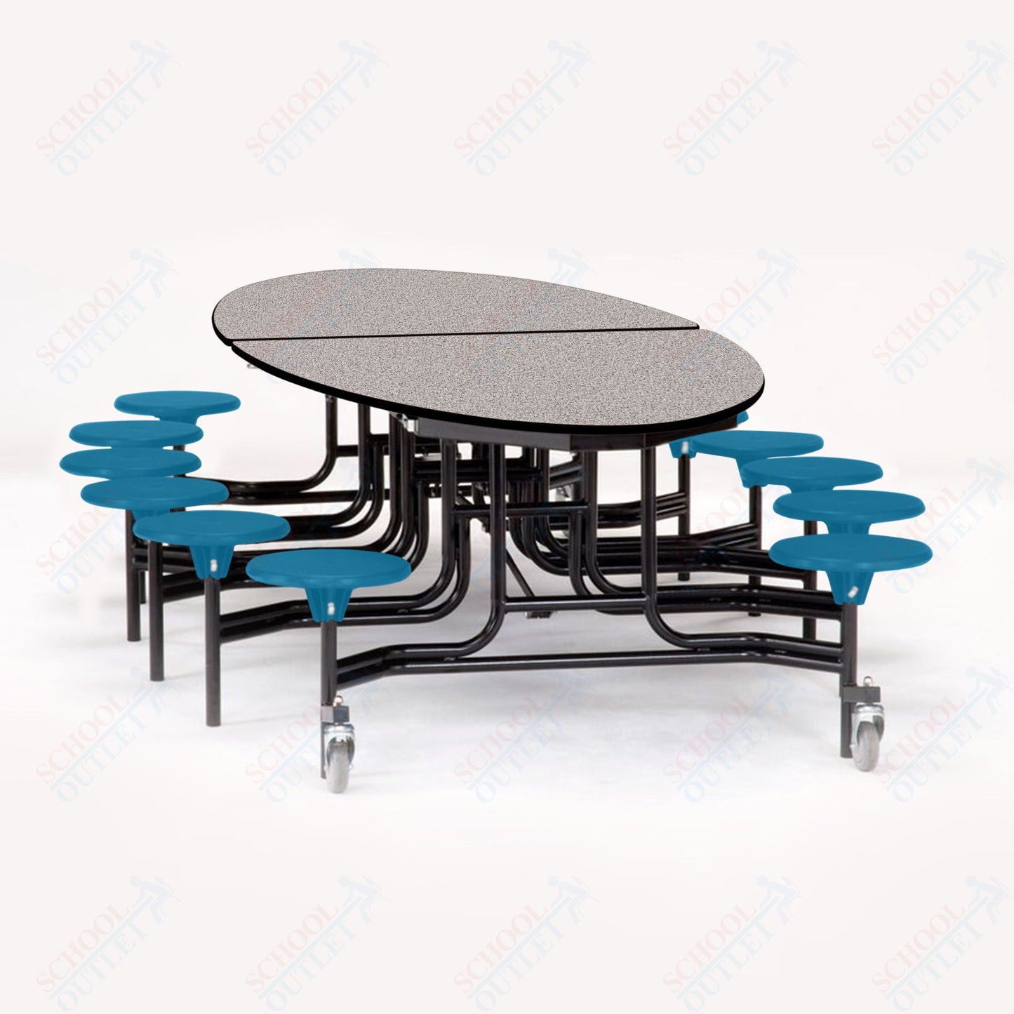 NPS 10' Elliptical Mobile Cafeteria Table - 12 Stools - MDF Core - Protect Edge - Chrome Frame