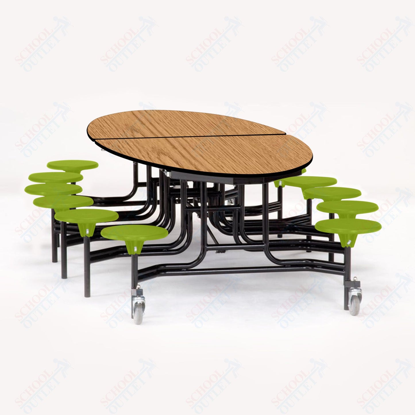 NPS 10' Elliptical Mobile Cafeteria Table - 12 Stools - MDF Core - Protect Edge - Chrome Frame