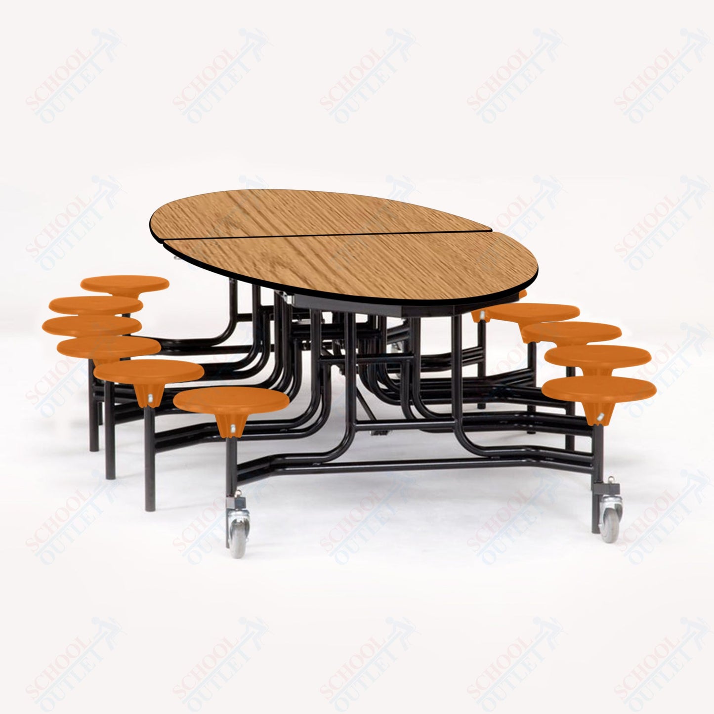 NPS 10' Elliptical Mobile Cafeteria Table - 12 Stools - MDF Core - Protect Edge - Chrome Frame