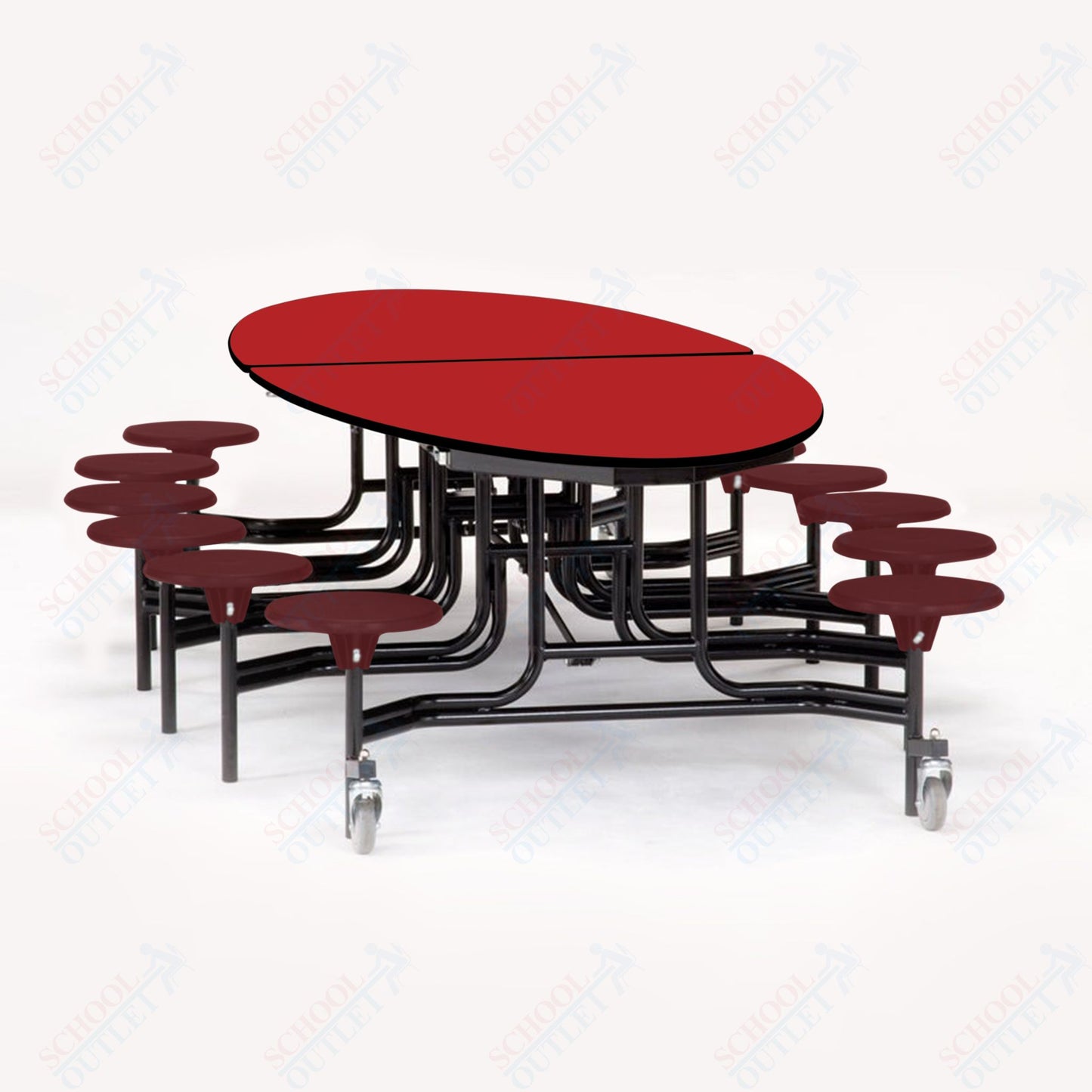 NPS 10' Elliptical Mobile Cafeteria Table - 12 Stools - MDF Core - Protect Edge - Chrome Frame