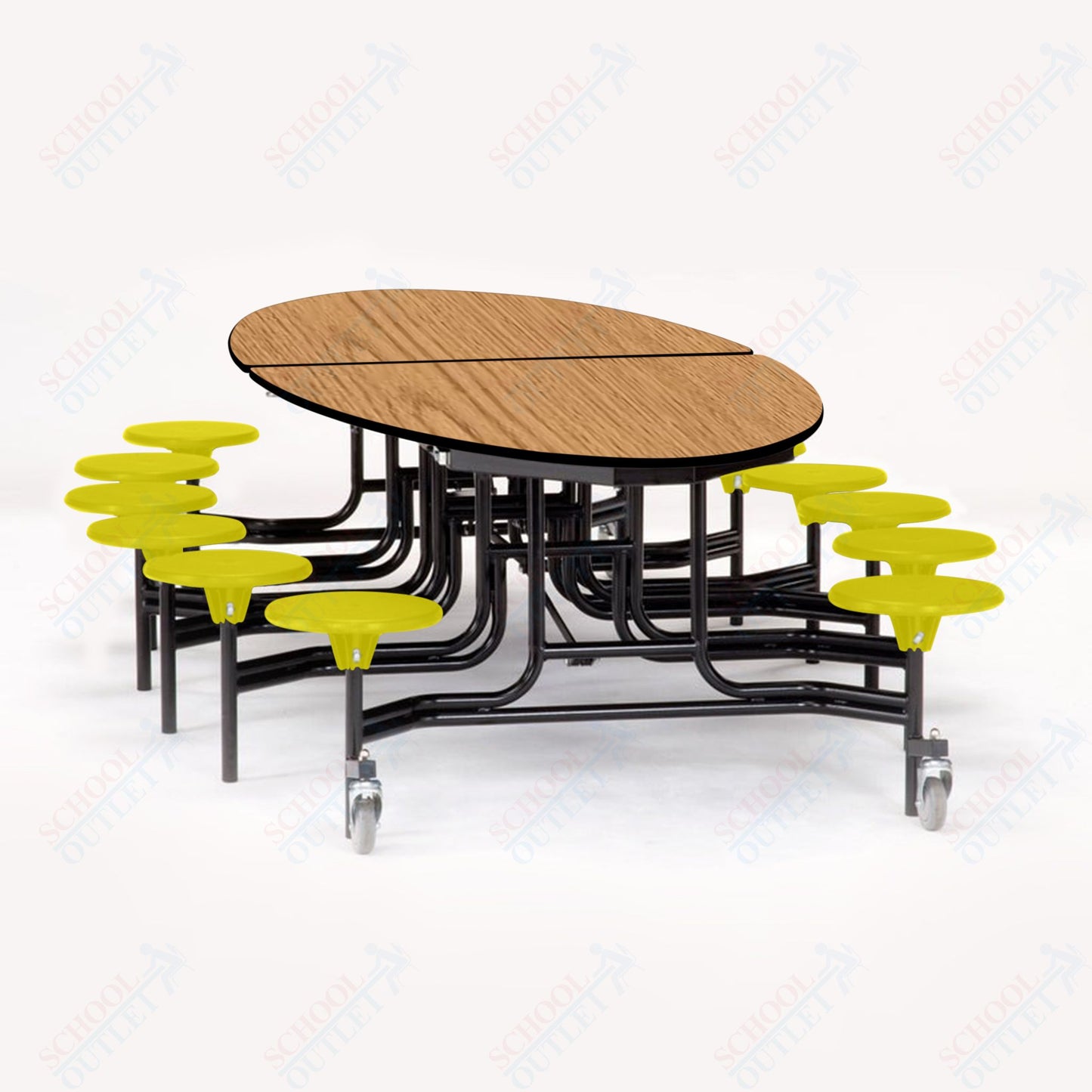 NPS 10' Elliptical Mobile Cafeteria Table - 12 Stools  - MDF Core - Protect Edge - Black Powdercoated Frame