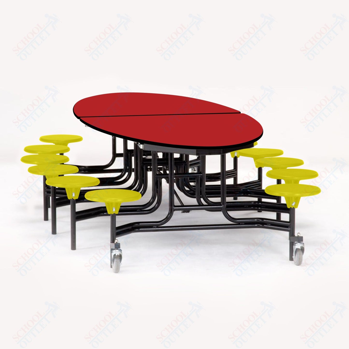 NPS 10' Elliptical Mobile Cafeteria Table - 12 Stools  - MDF Core - Protect Edge - Black Powdercoated Frame