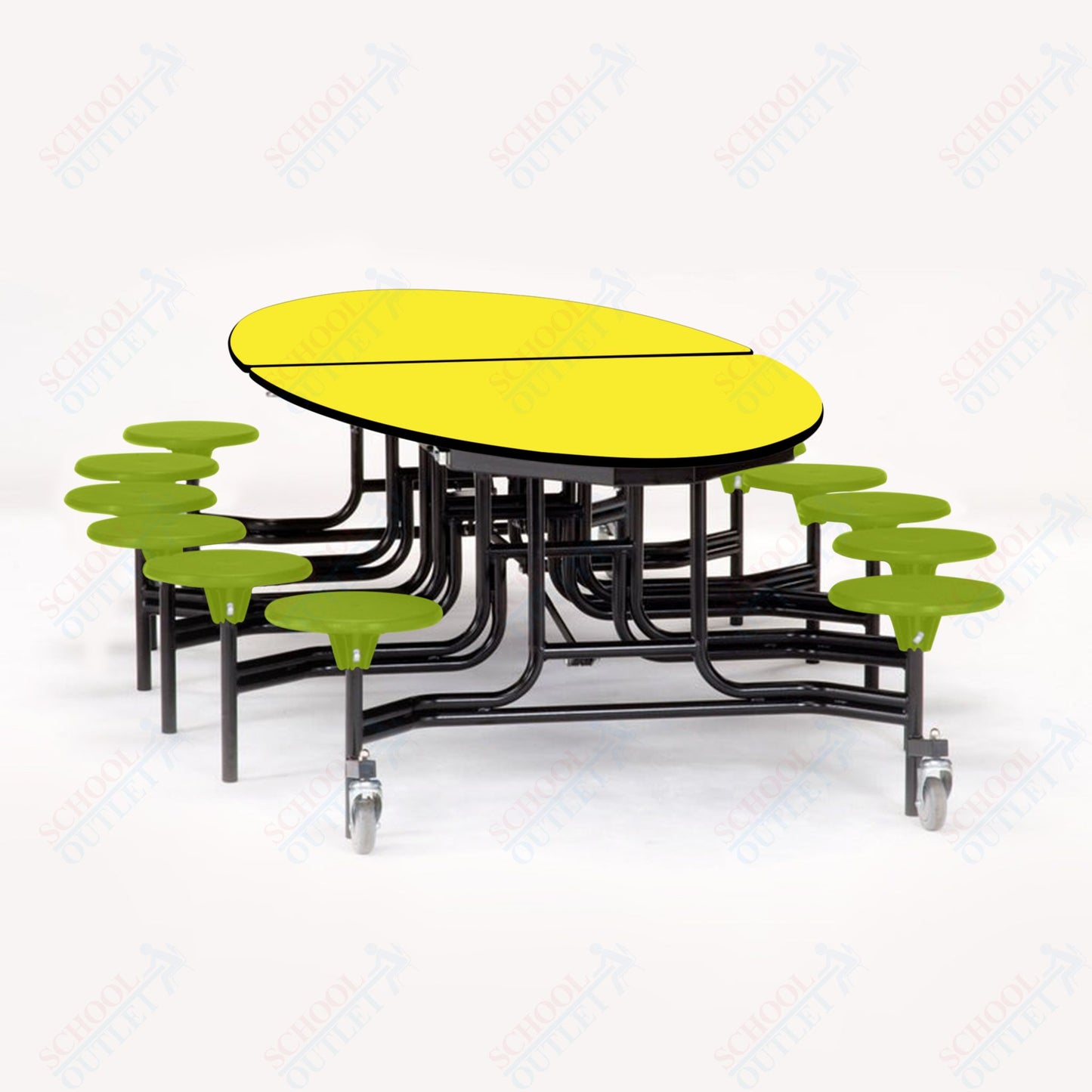 NPS 10' Elliptical Mobile Cafeteria Table - 12 Stools  - MDF Core - Protect Edge - Black Powdercoated Frame