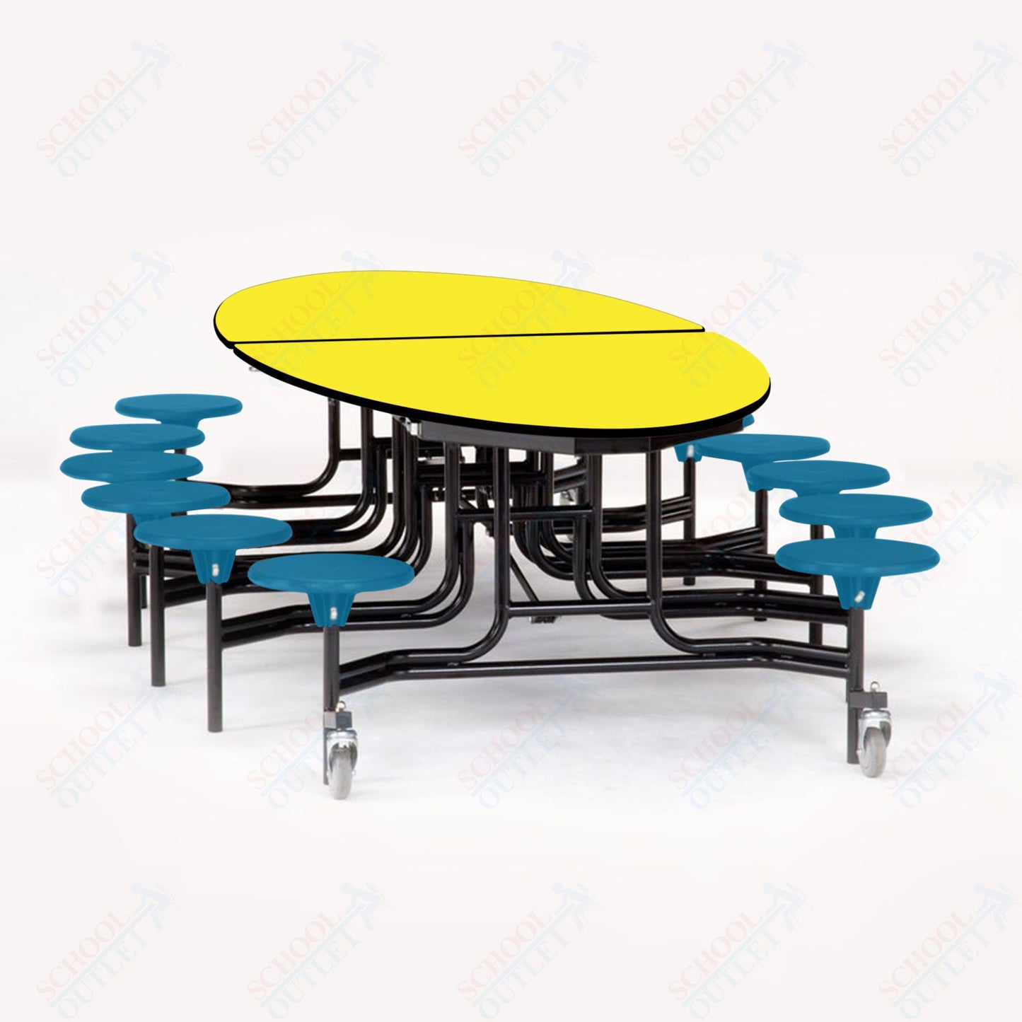 NPS 10' Elliptical Mobile Cafeteria Table - 12 Stools - Particleboard Core - T-Molding Edge - Chrome Frame