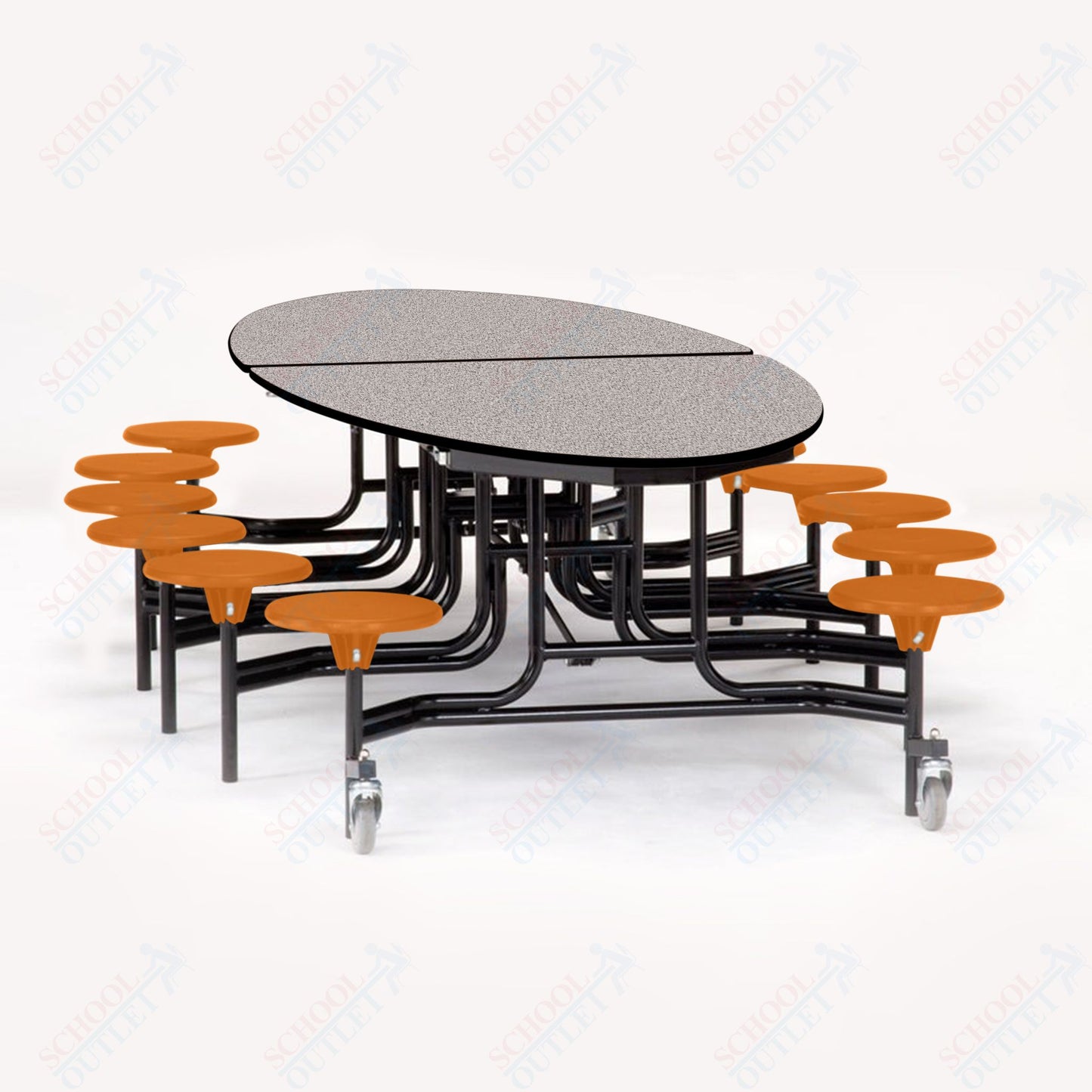 NPS 10' Elliptical Mobile Cafeteria Table - 12 Stools - Particleboard Core - T-Molding Edge - Black Powdercoated Frame