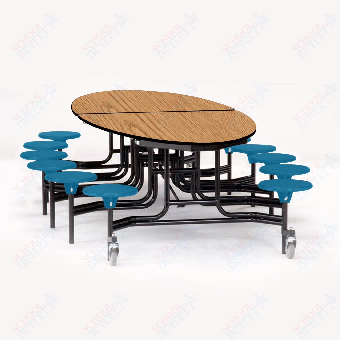 NPS 10' Elliptical Mobile Cafeteria Table - 12 Stools - Particleboard Core - T-Molding Edge - Black Powdercoated Frame