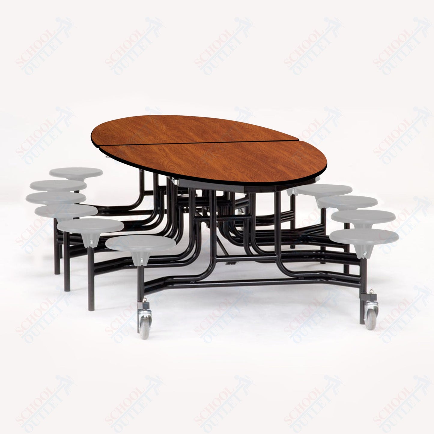 NPS 10' Elliptical Mobile Cafeteria Table - 12 Stools - Plywood Core - Protect Edge - Chrome Frame