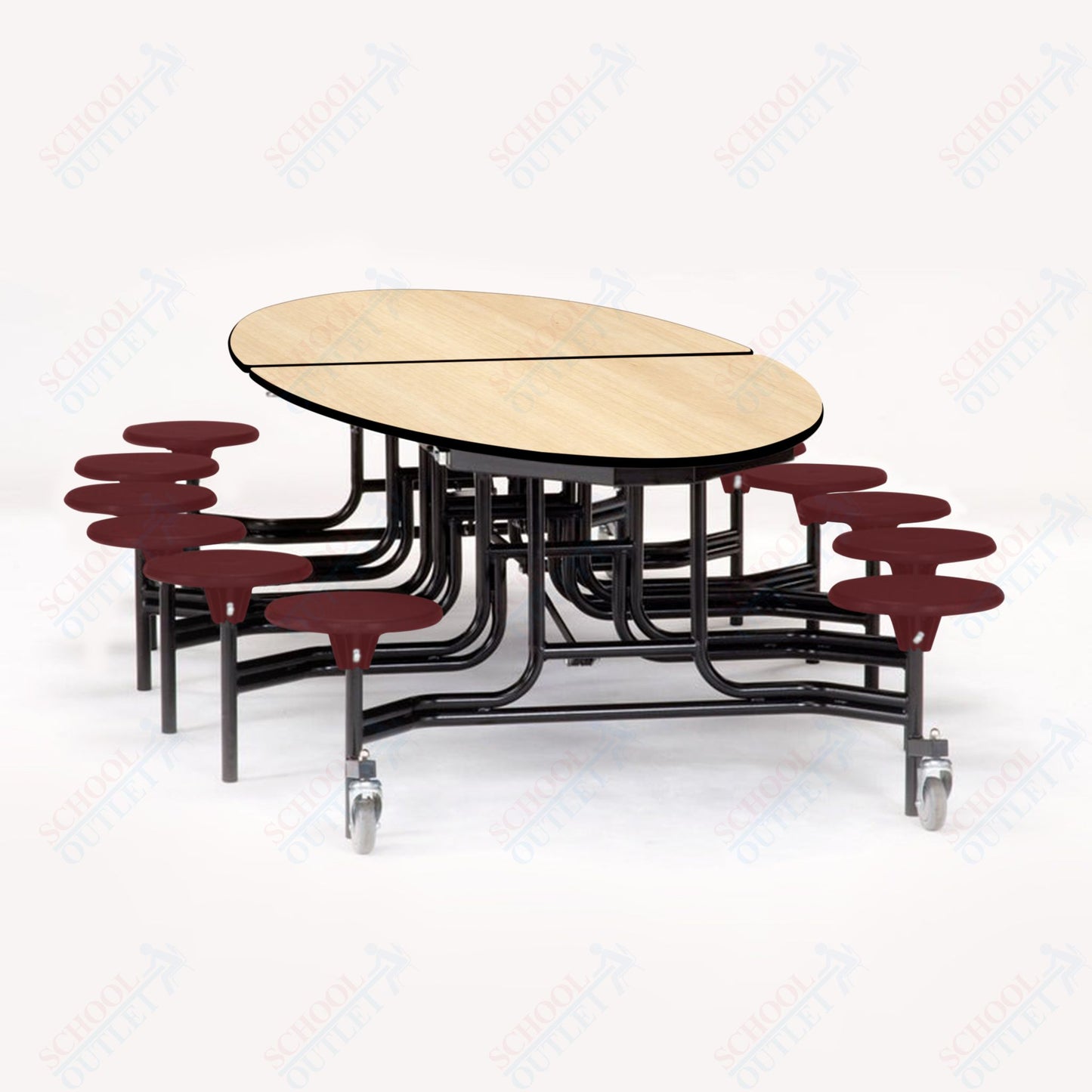 NPS 10' Elliptical Mobile Cafeteria Table - 12 Stools - Plywood Core - Protect Edge - Chrome Frame