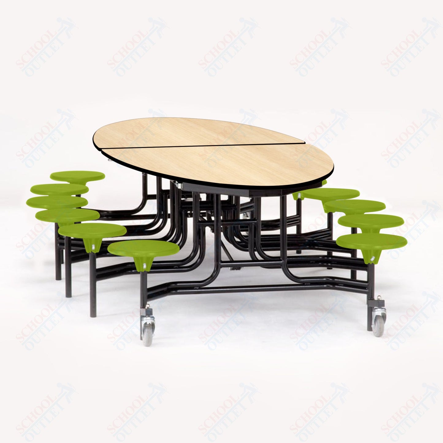 NPS 10' Elliptical Mobile Cafeteria Table - 12 Stools - Plywood Core - Protect Edge - Chrome Frame